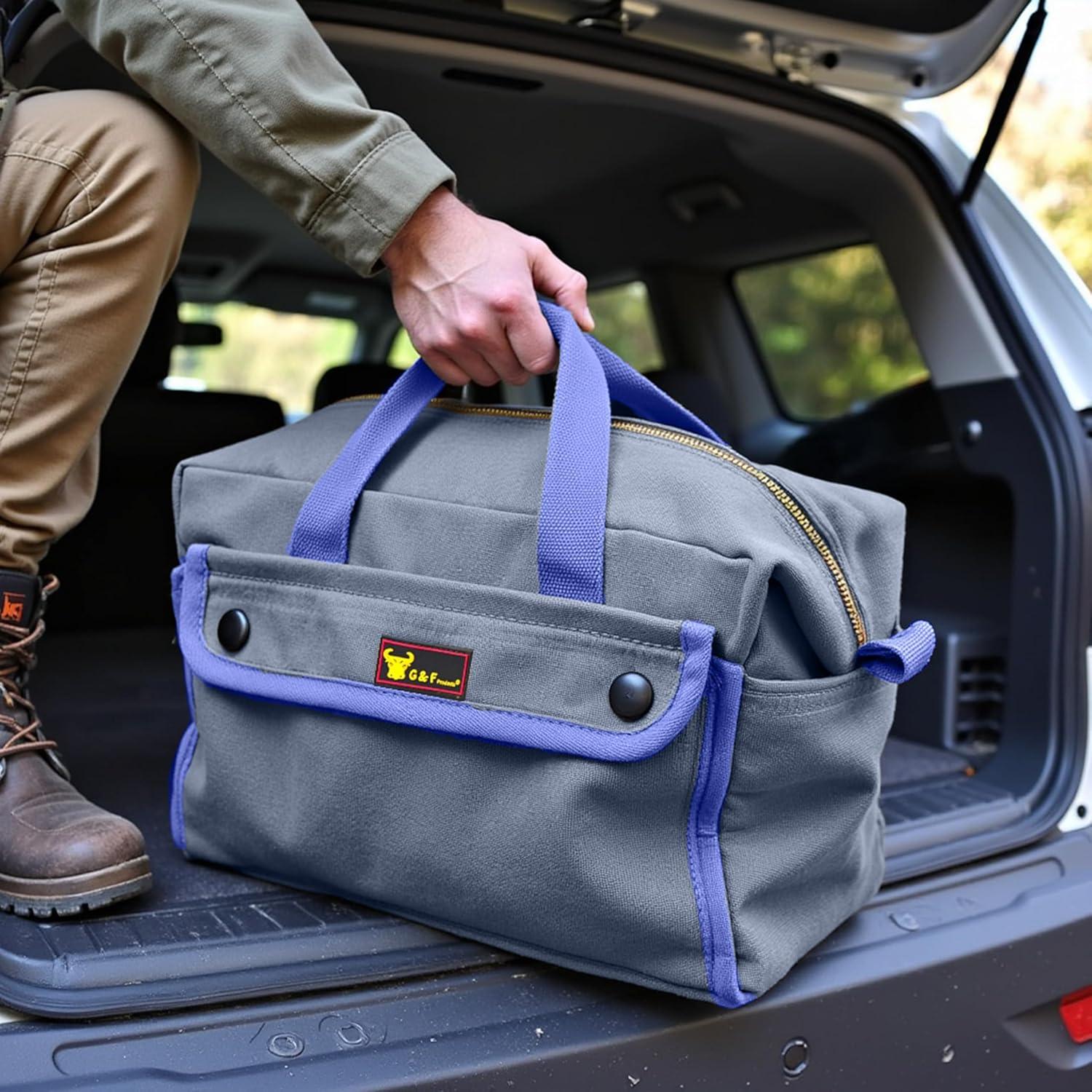 G & F Products New Tool Bag, Mechanics Style, Brass Zipper, Side Pockets, Grey, 11 Inch Long, 1 Pack