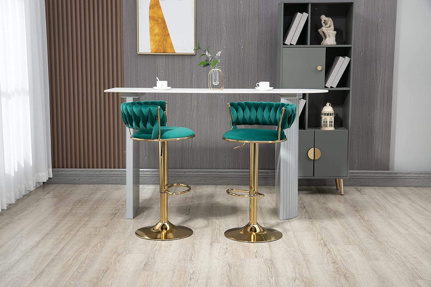 Emerald Green Velvet Adjustable Swivel Bar Stools with Gold Base, Set of 2