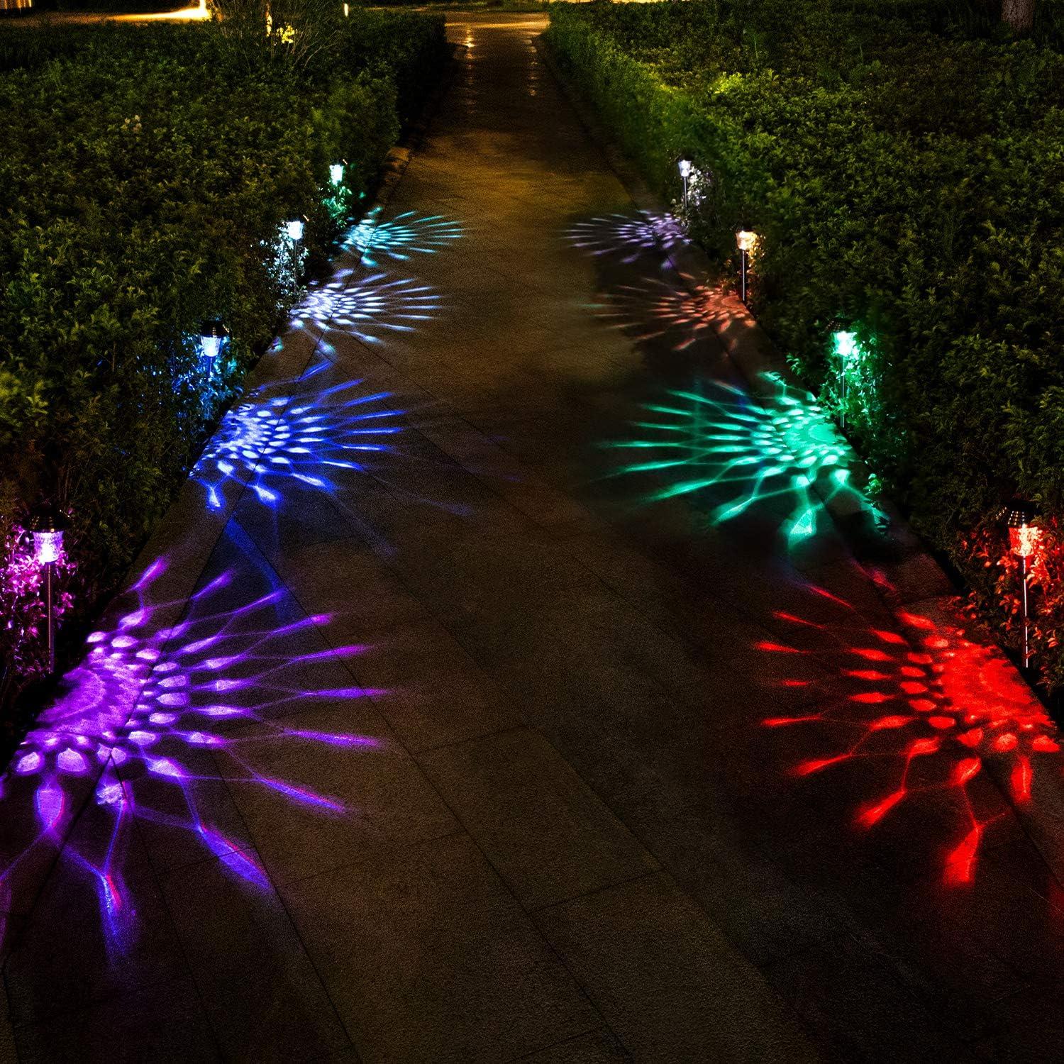 Color-Changing Solar LED Pathway Lights with Glass and Stainless Steel, 8-Pack