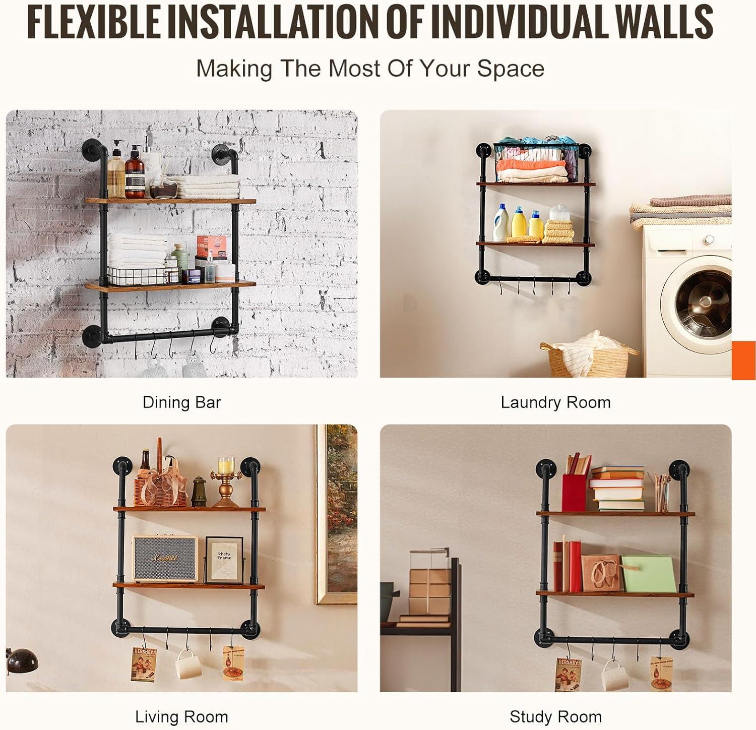 Williston Forge Industrial Pipe Shelf 2 Tier 24x7.87in Wall-Mount for Kitchen Bedroom