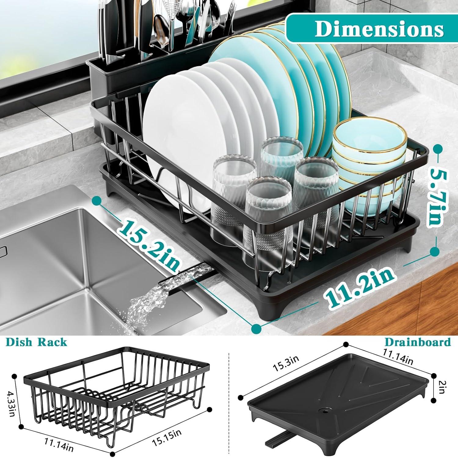 iSPECLE Dish Drying Rack with Drainboard - Dish Racks for Kitchen Counter, Rust-Resistant Compact Dish Drainer with Utensil Holder, Drain Spout and High Feet on Drip Tray, Black