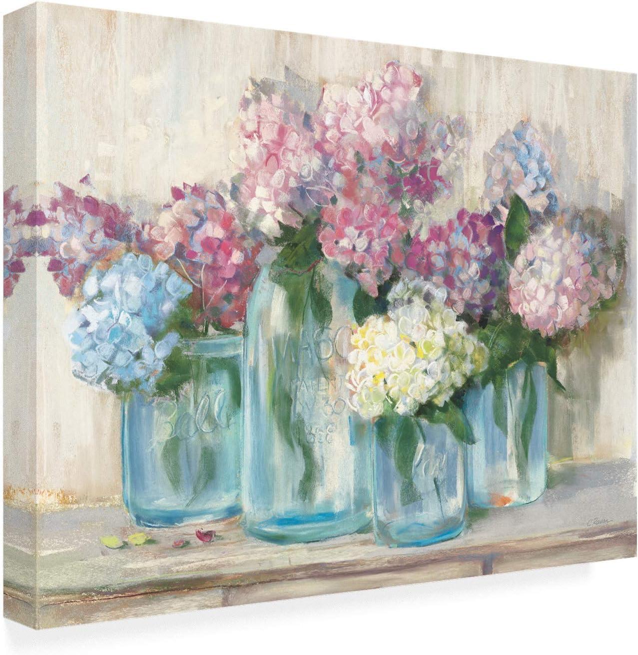 Trademark Fine Art -Carol Rowan 'Hydrangeas in Glass Jar Pastel Crop' Canvas Art