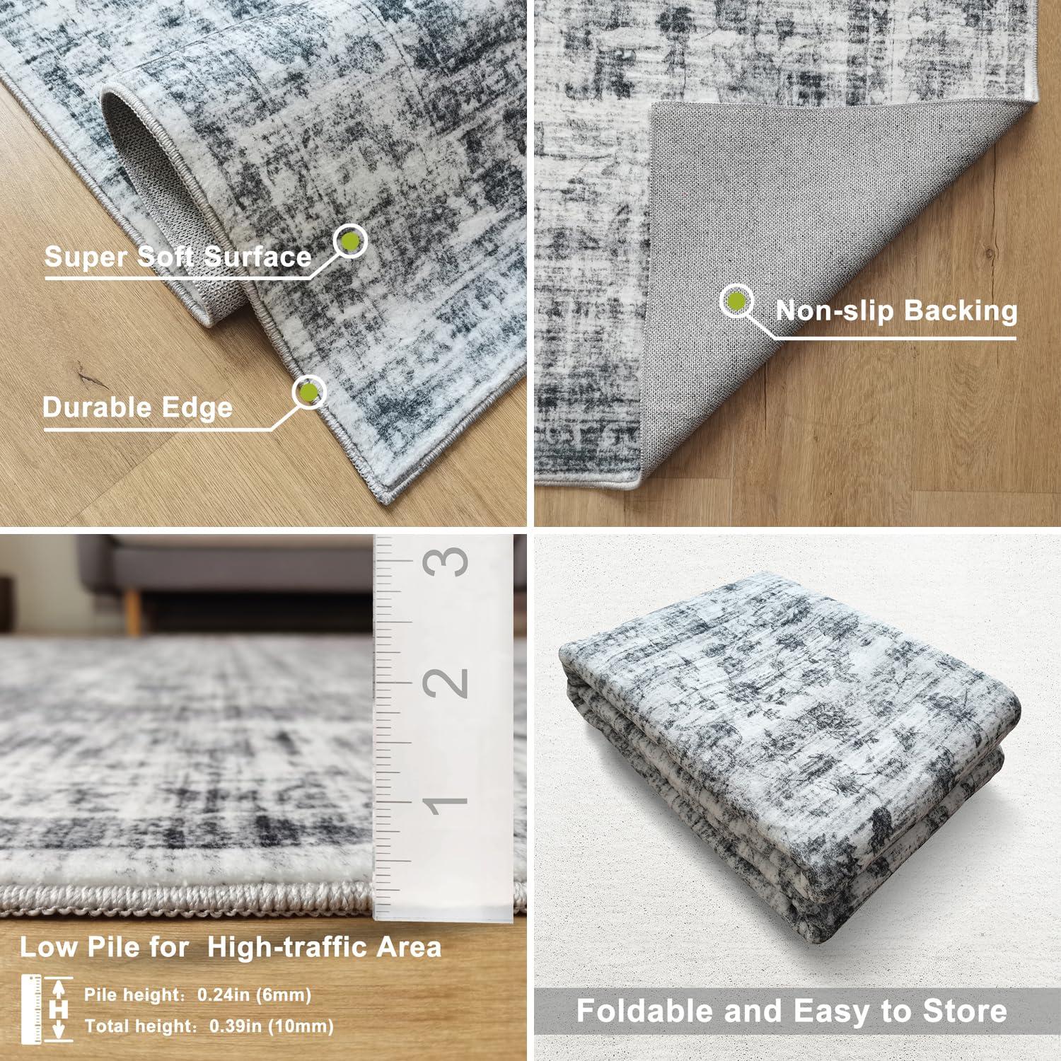 METSAVAIM 4x6 Rug | Vintage Distressed Traditional Area Rug for Living Room & Bedroom - Ultra Soft, Non-Slip Backing & Machine Washable Rug, Ideal for Indoor & Outdoor Use – White Cream & Gray