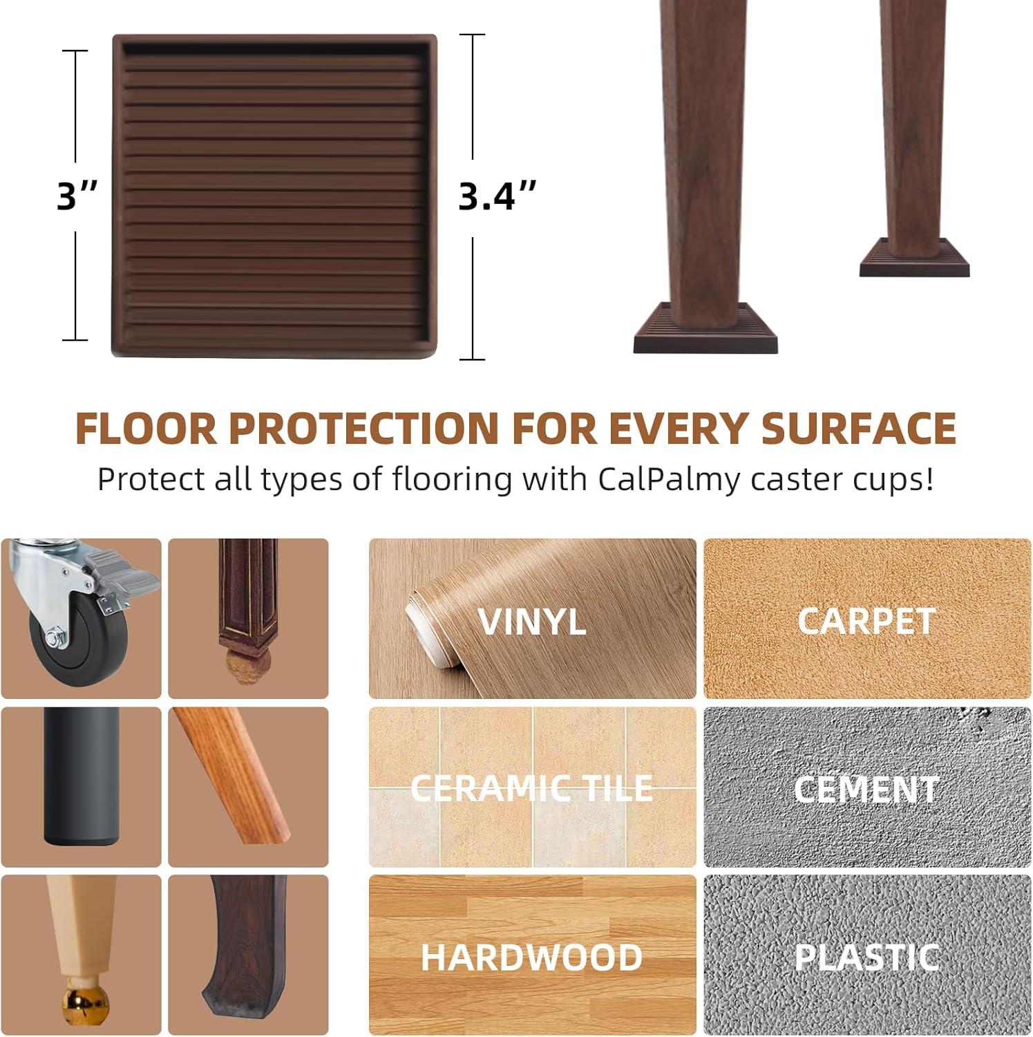 4Pcs Rubber Feet,3x3In Floor Pads for Furniture Legs,Brown Square Rubber Furniture Caster Cups,Ideal Bed Stoppers to Prevent Sliding