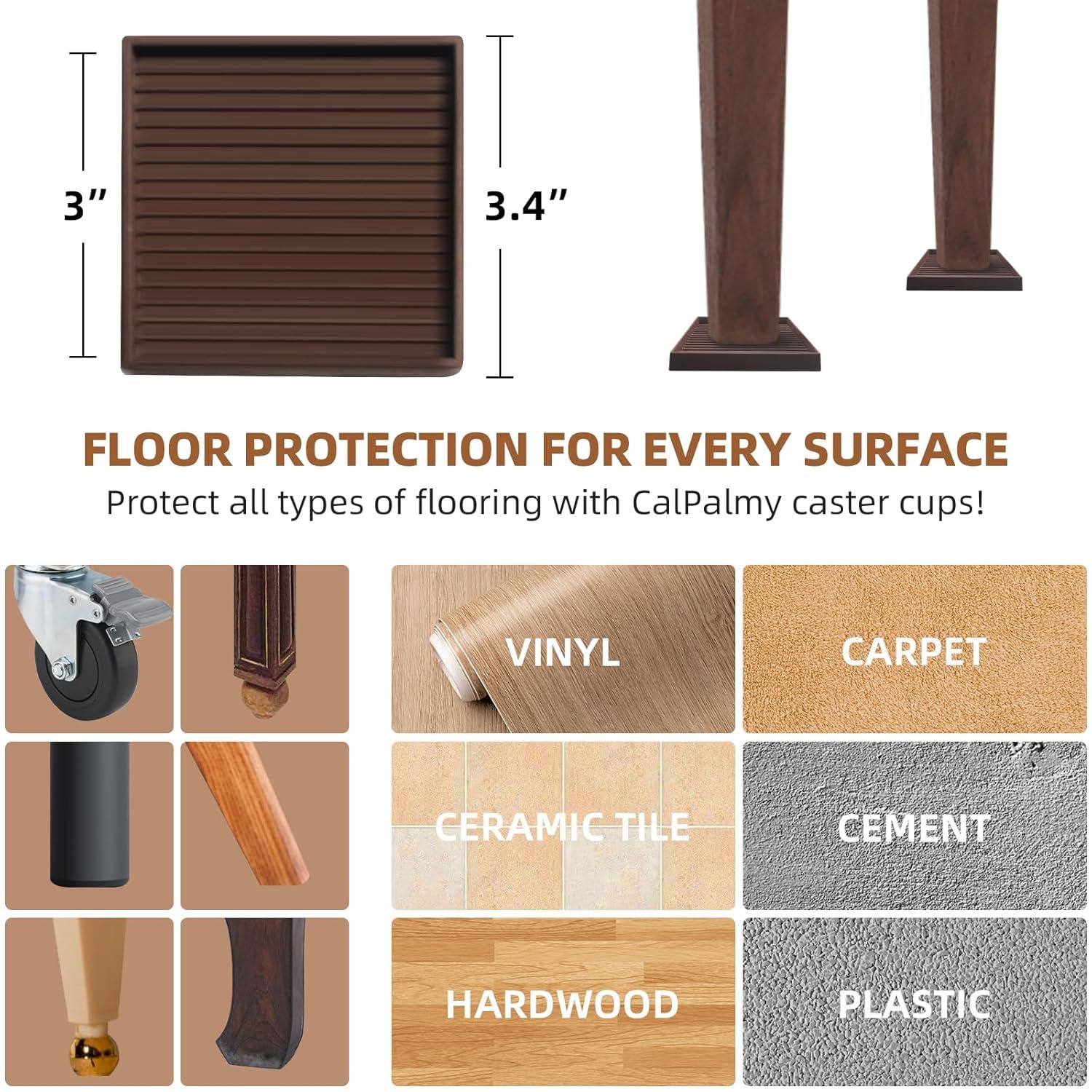 4Pcs Rubber Feet,3x3In Floor Pads for Furniture Legs,Brown Square Rubber Furniture Caster Cups,Ideal Bed Stoppers to Prevent Sliding