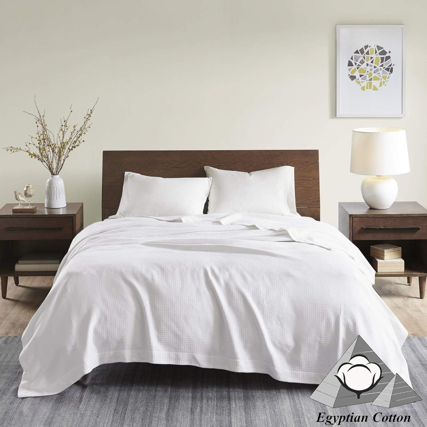 Madison Park Twin Textured Cotton Blanket White: Waffle Weave, Machine Washable, OEKO-TEX Certified