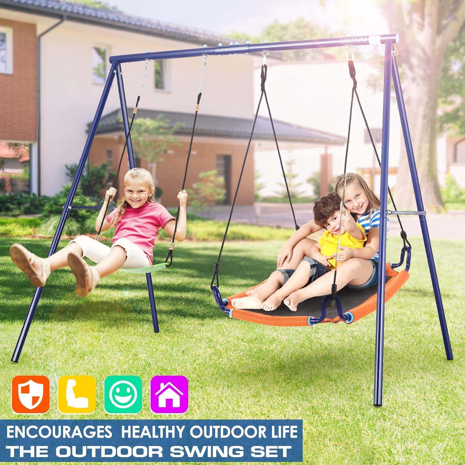 Blue Metal 2-in-1 Outdoor Swing Set with Saucer and Belt Swings