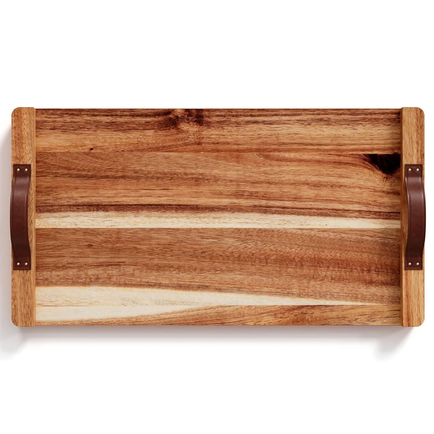 American Atelier Acacia Wood Rectangular Tray with Leather Handles, Serving Platters, Wooden Board for Cheese, Meats, Snack or Charcuterie, 18” x 9”