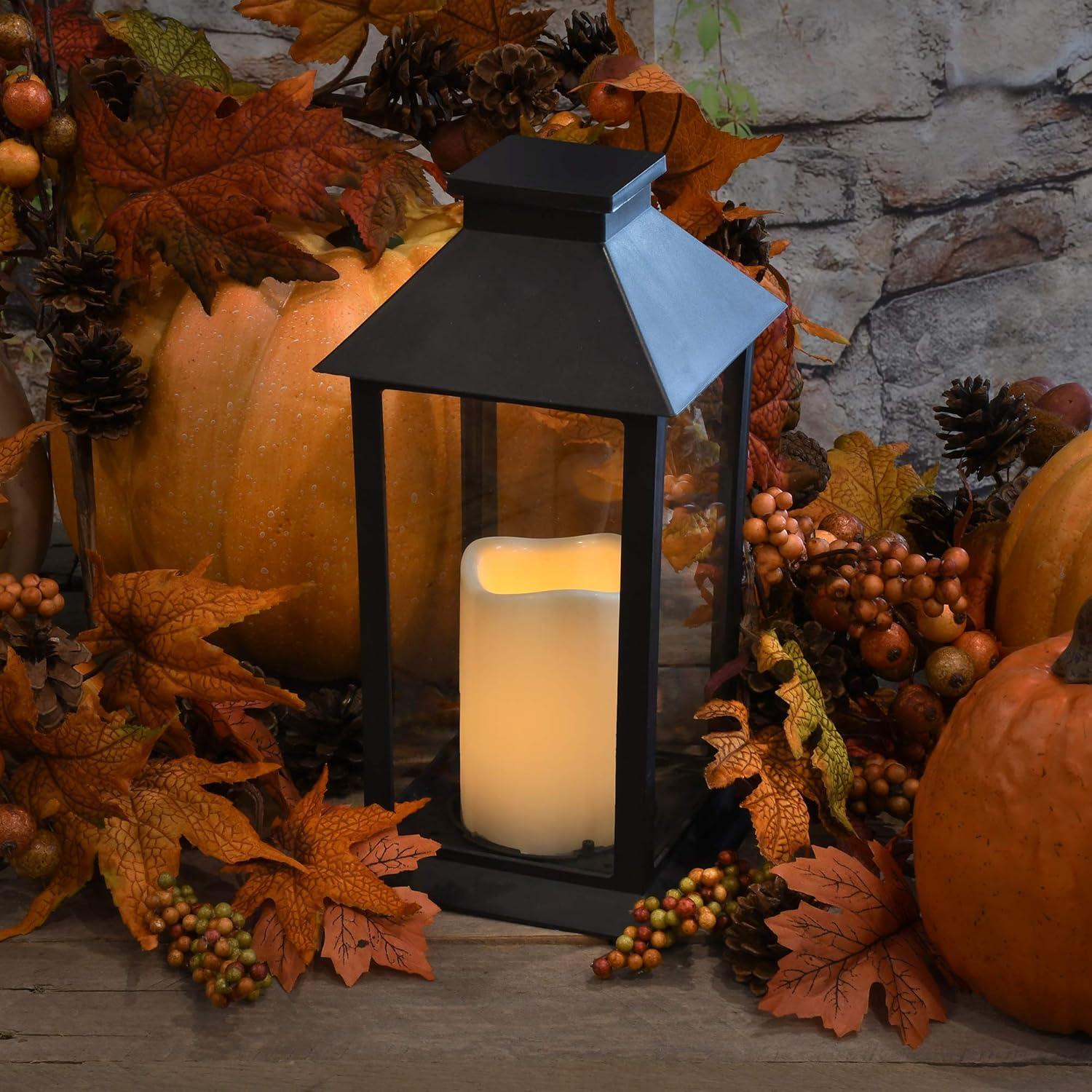 LumaBase Traditional Black Solar Powered Lantern with LED Candle