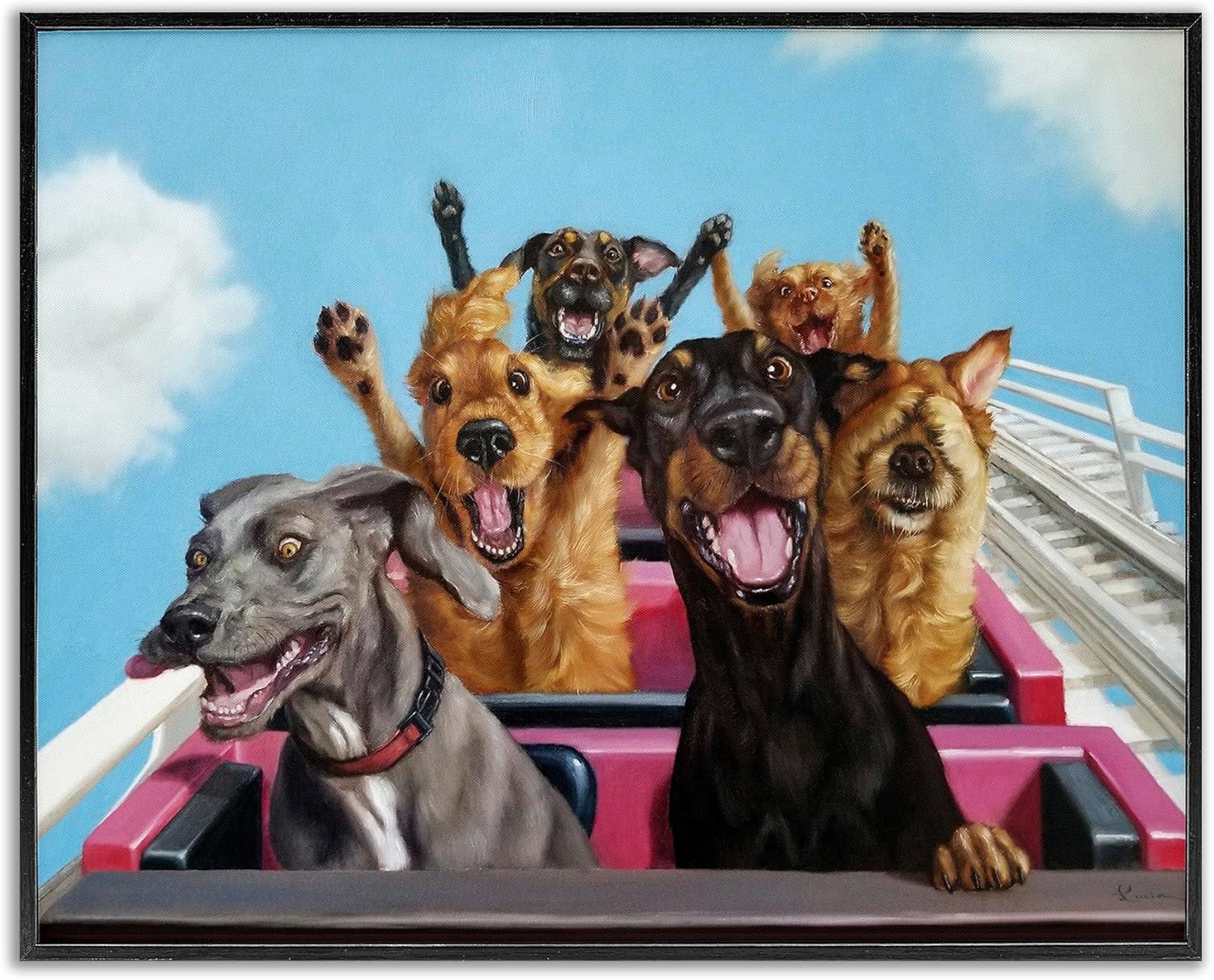 Stupell Industries Dogs Riding Roller Coaster Funny Amusement Park Animals & Insects Painting Black Framed Art Print Wall Art, 24 x 30