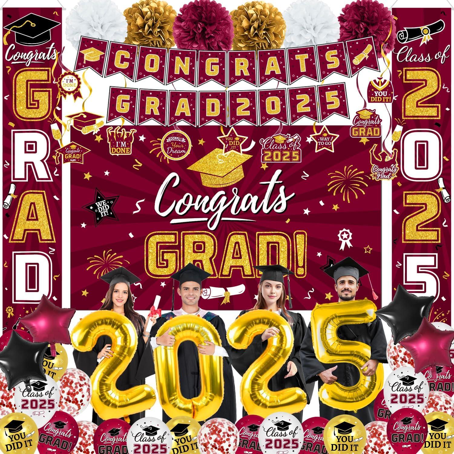 2025 Graduation Party Decoration, Red Gold Themed Set with Congrats Grad Banner, Balloons, Foil Number 2025 for Class of 2025 Graduation Party Supplies