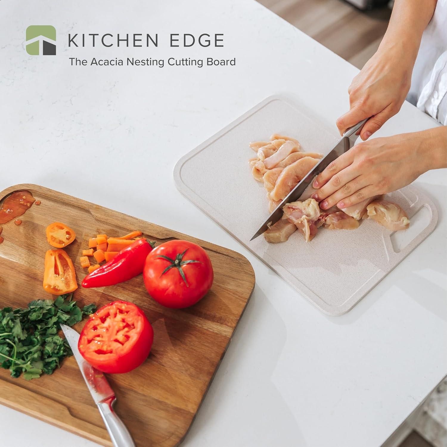 KitchenEdge Premium Acacia Cutting Board with Nesting Rice Fiber Chopping Board for Cooking Prep, 2 Piece Kitchen Set, Non-Slip Feet with Juice Groove, Heavy Duty Construction, Pre Oiled, 15" x 1