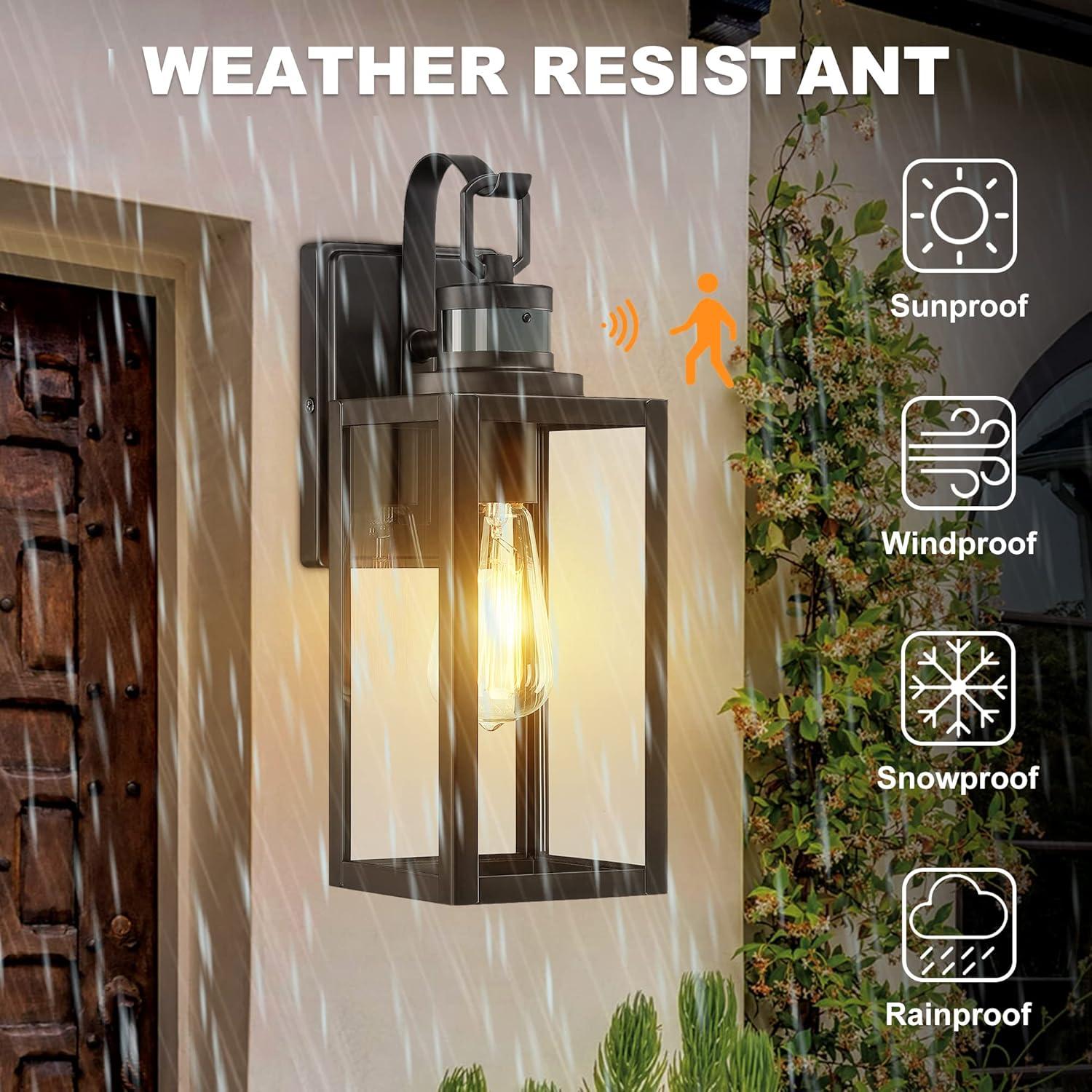 Motion Sensor Outdoor Wall Lantern, Dusk To Dawn Wall Lighting Sconce, Modern Matte Black Exterior Light Fixture, Waterproof Wall Mount Porch Lights With Clear Glass For Garage, ETL Listed