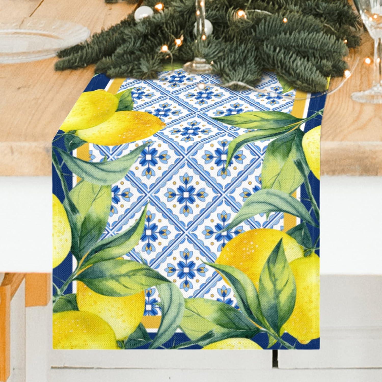 Jbralid Lemon Table Runner Spring Summer Seasonal Yellow Blue Table Runners Farmhouse Kitchen Dining Table Decoration for Indoor Outdoor Home Decor 13x72 Inch