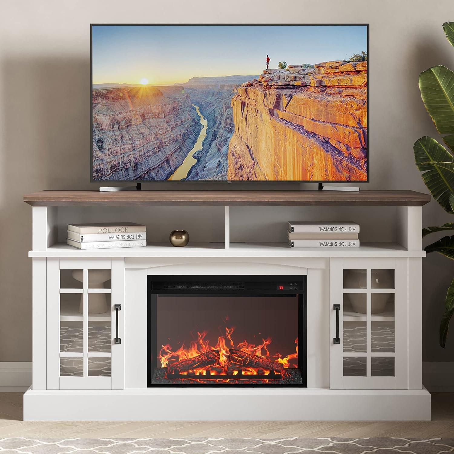 White 58" TV Stand with 23" Electric Fireplace and Storage