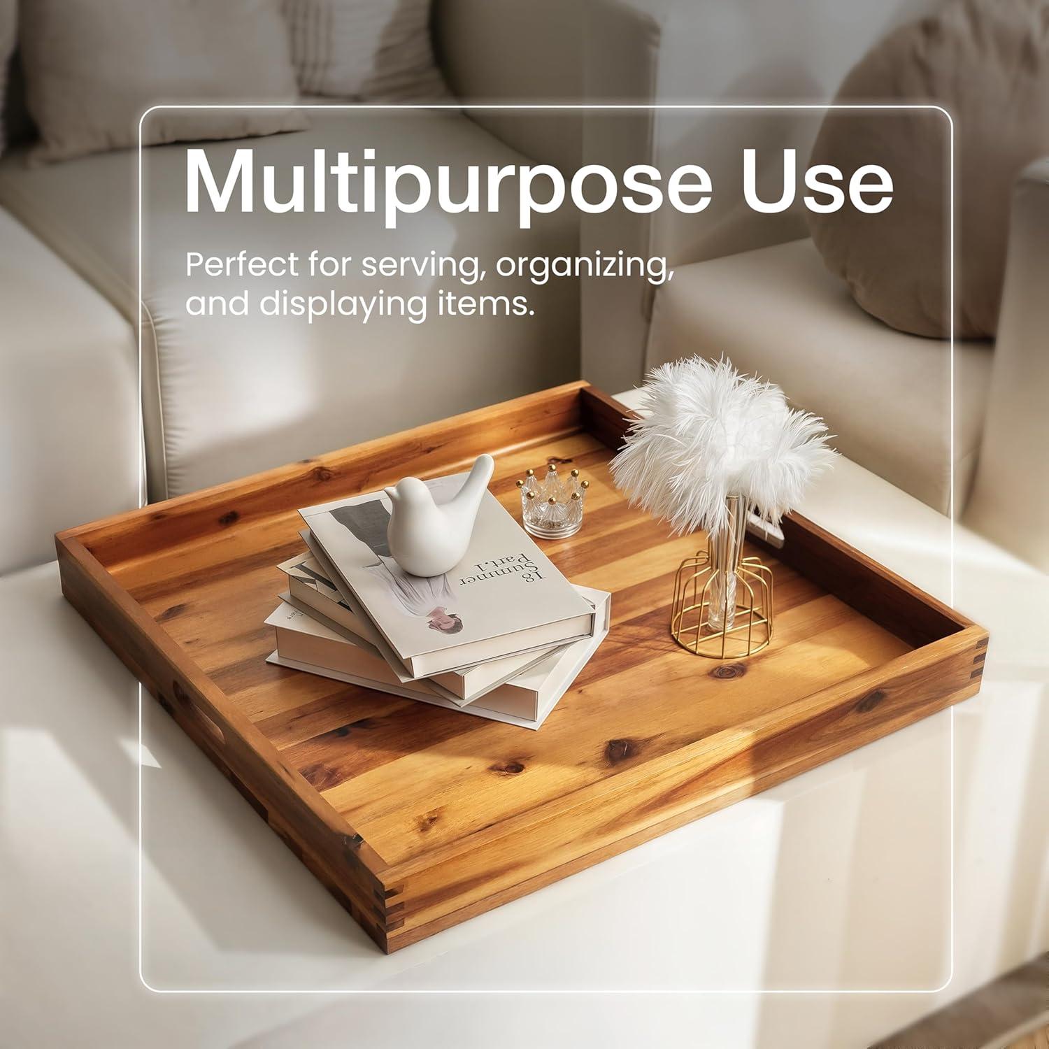 24 Inch Acacia Wood Ottoman Tray - Wooden Square Serving Tray with Handles - Extra Large Food Serving Trays for Decorative, Coffee Table, Breakfast in Bed - Charcuterie Trays Use for Kitchen