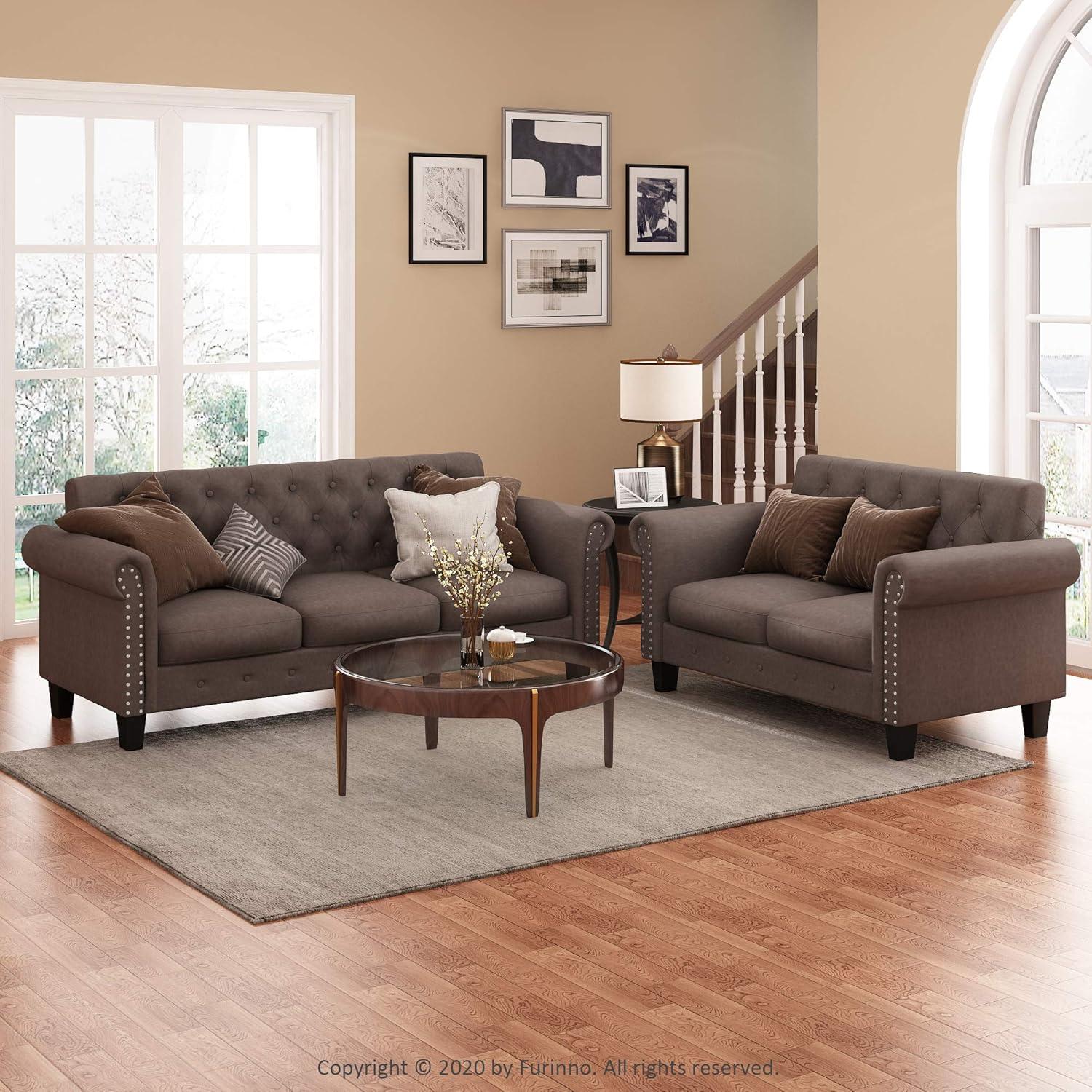 Bastia Brown Faux Leather Tufted Loveseat with Nailhead Trim