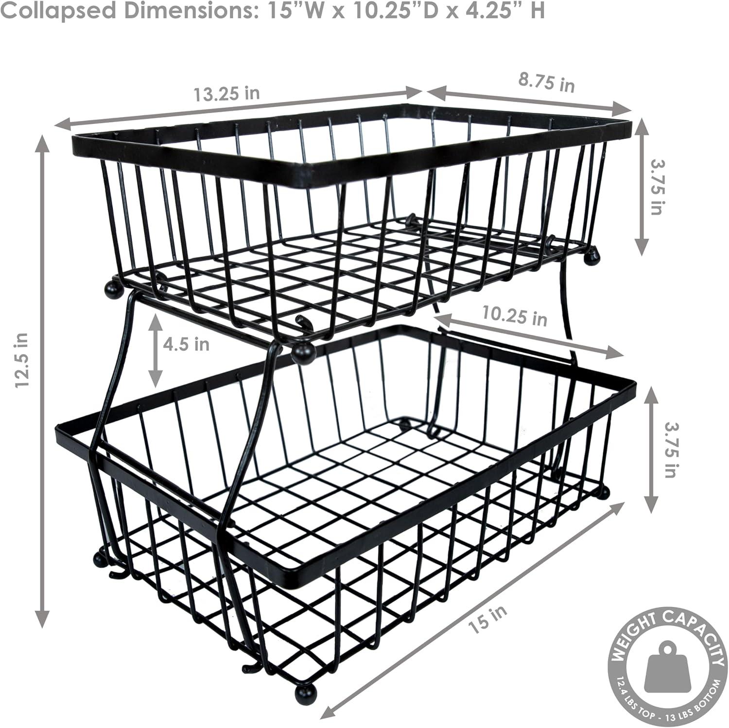 Sunnydaze Black Metal Wire Collapsible 2-Tier Fruit Basket for Kitchen Counter