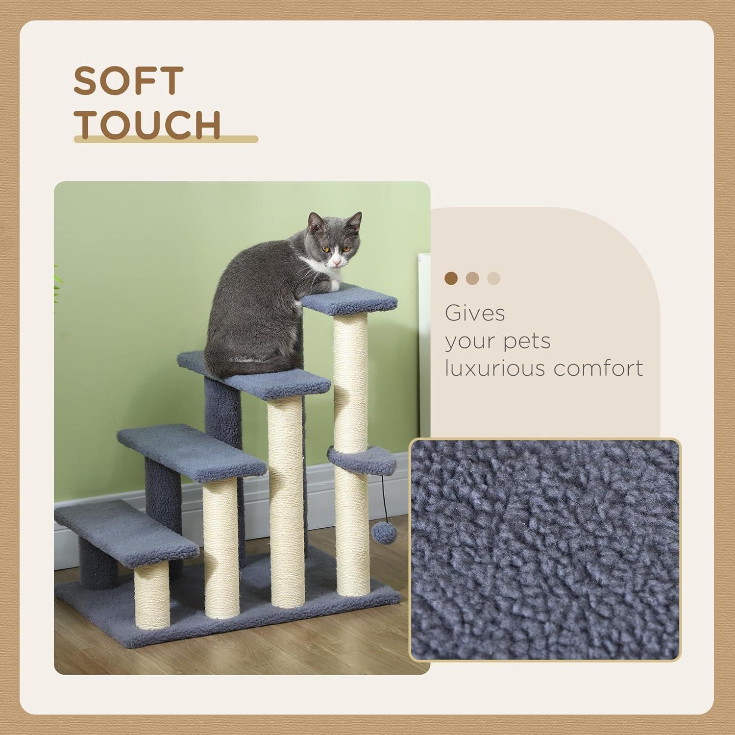 PawHut 4 Levels Cat Steps, Pet Stairs Carpeted Ladder, Kitten Tree Climber with Scratching Posts, Hanging Play Ball, Side Step, Gray