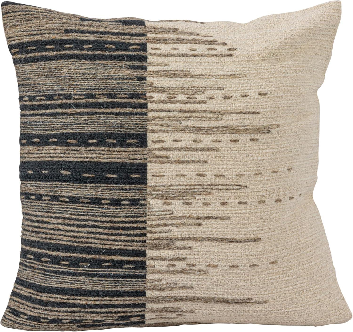 18-Inch Beige and Black Cotton Jacquard Pillow with Jute Embroidery