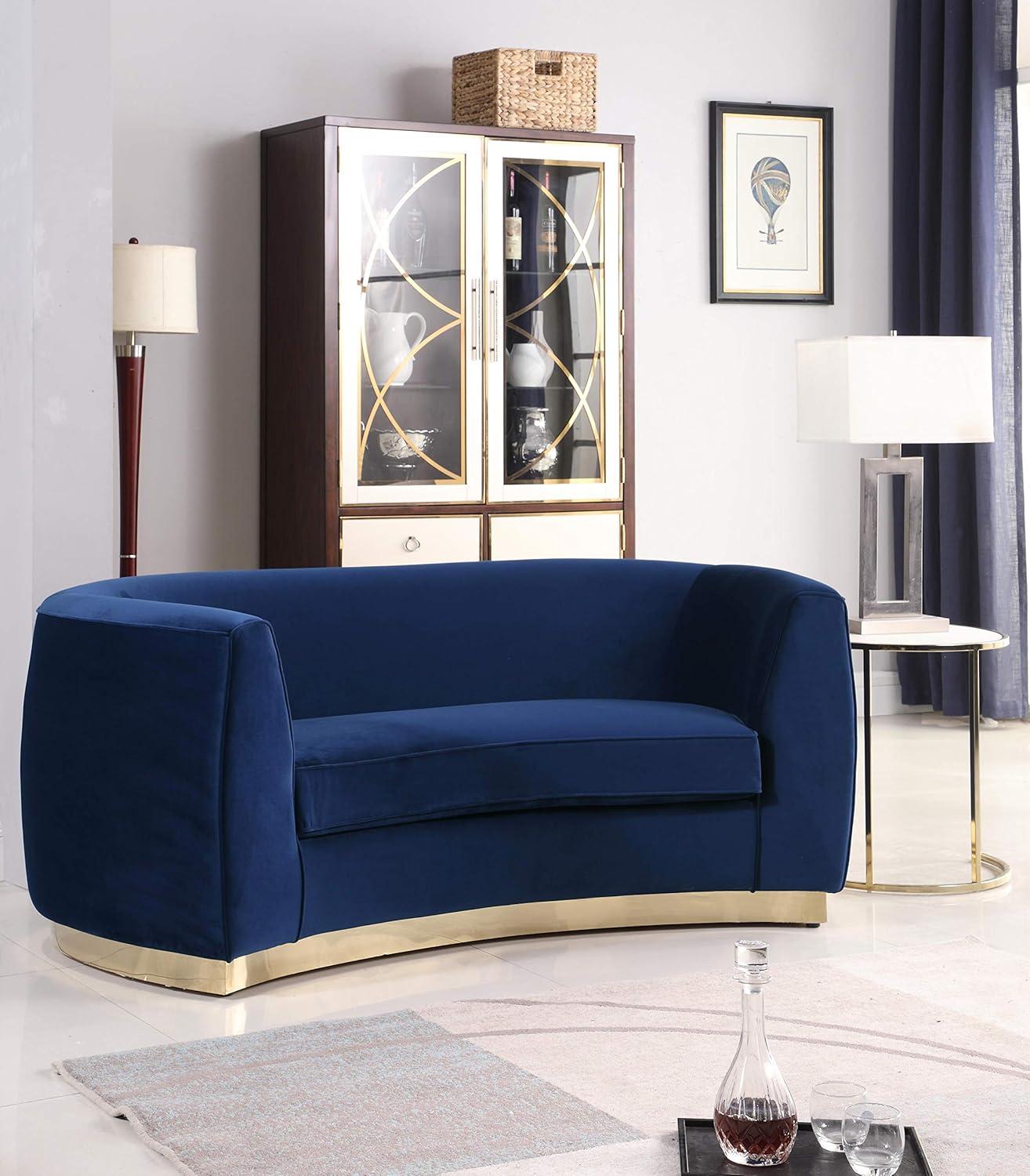 Meridian Furniture Julian Collection Modern | Contemporary Velvet Upholstered Loveseat with Stainless Steel Base in Rich Gold Finish, Black, 70" W x 34" D x 28" H