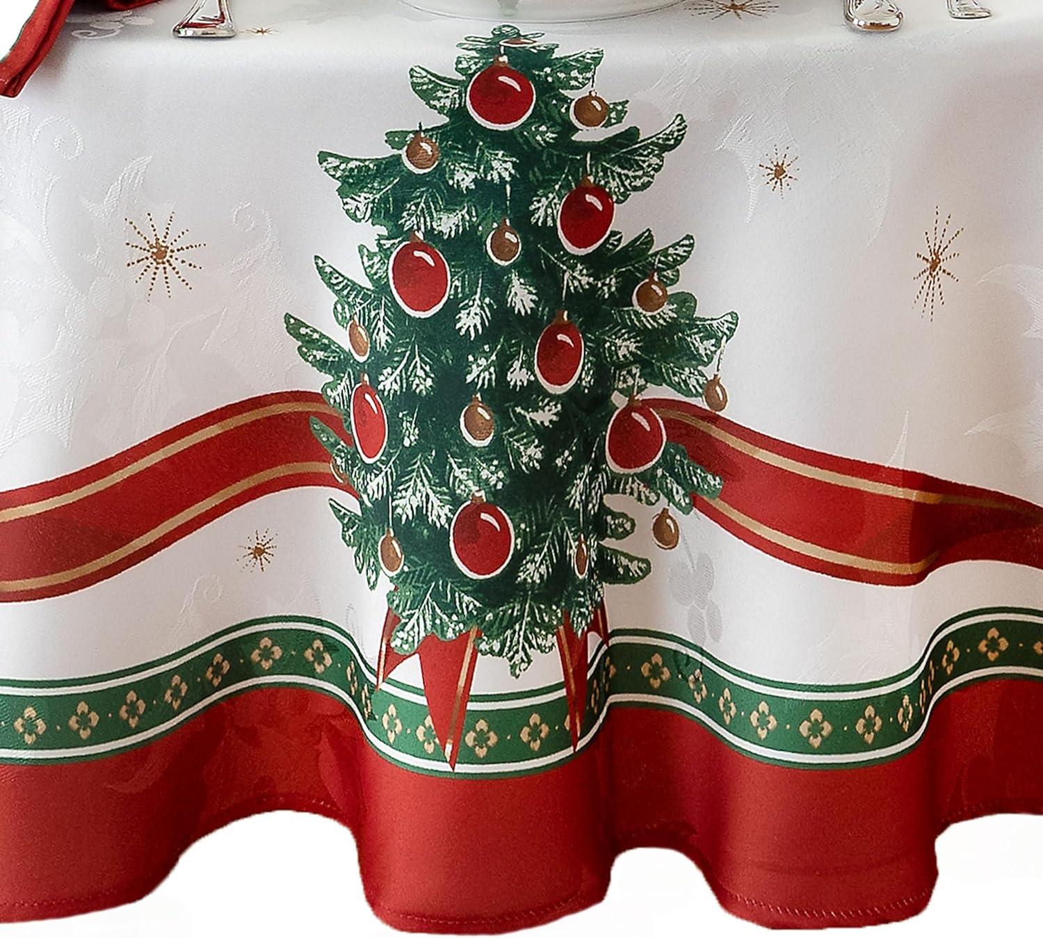 Holiday White and Red Oval Fabric Tablecloth with Christmas Print