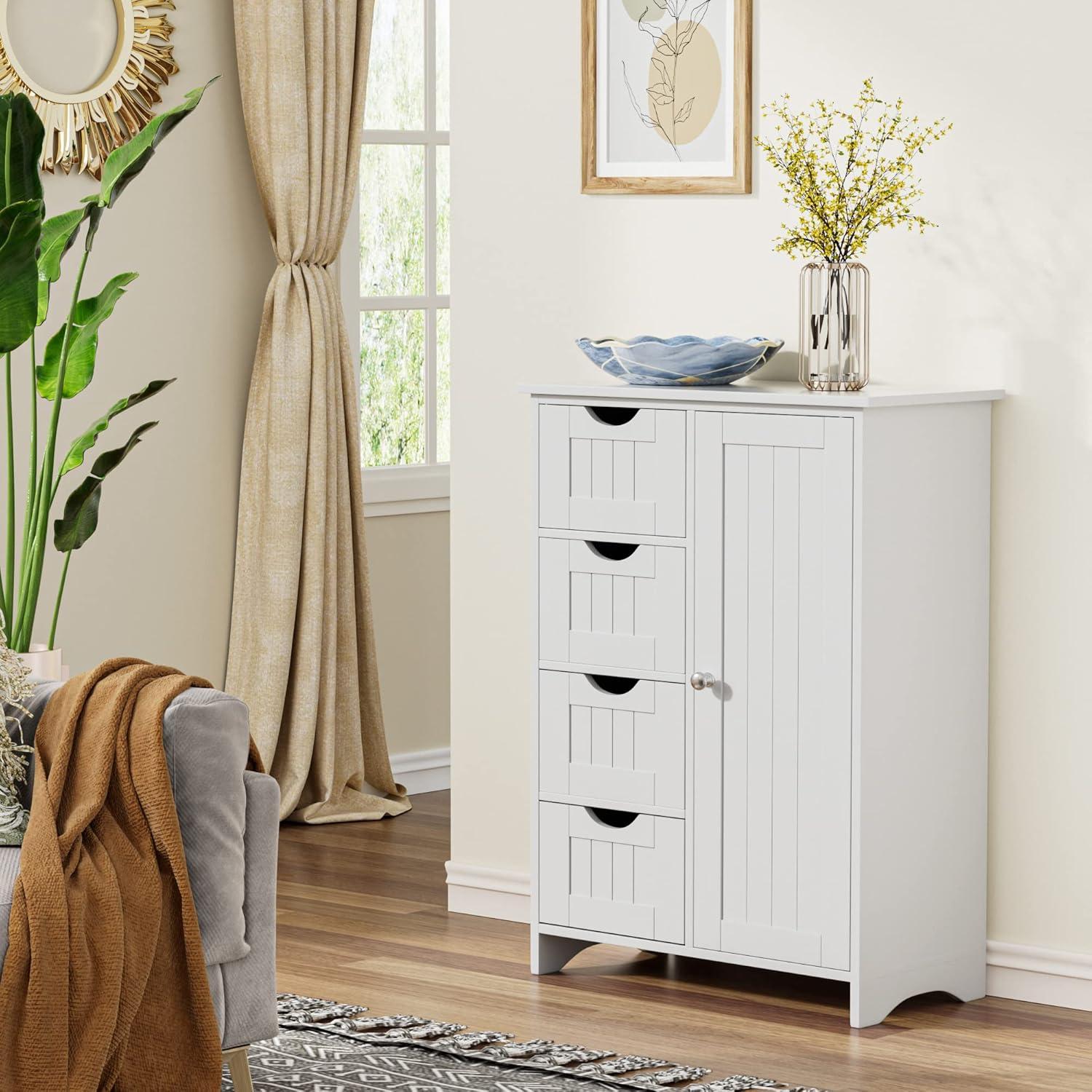 White Freestanding MDF Storage Cabinet with Adjustable Shelves