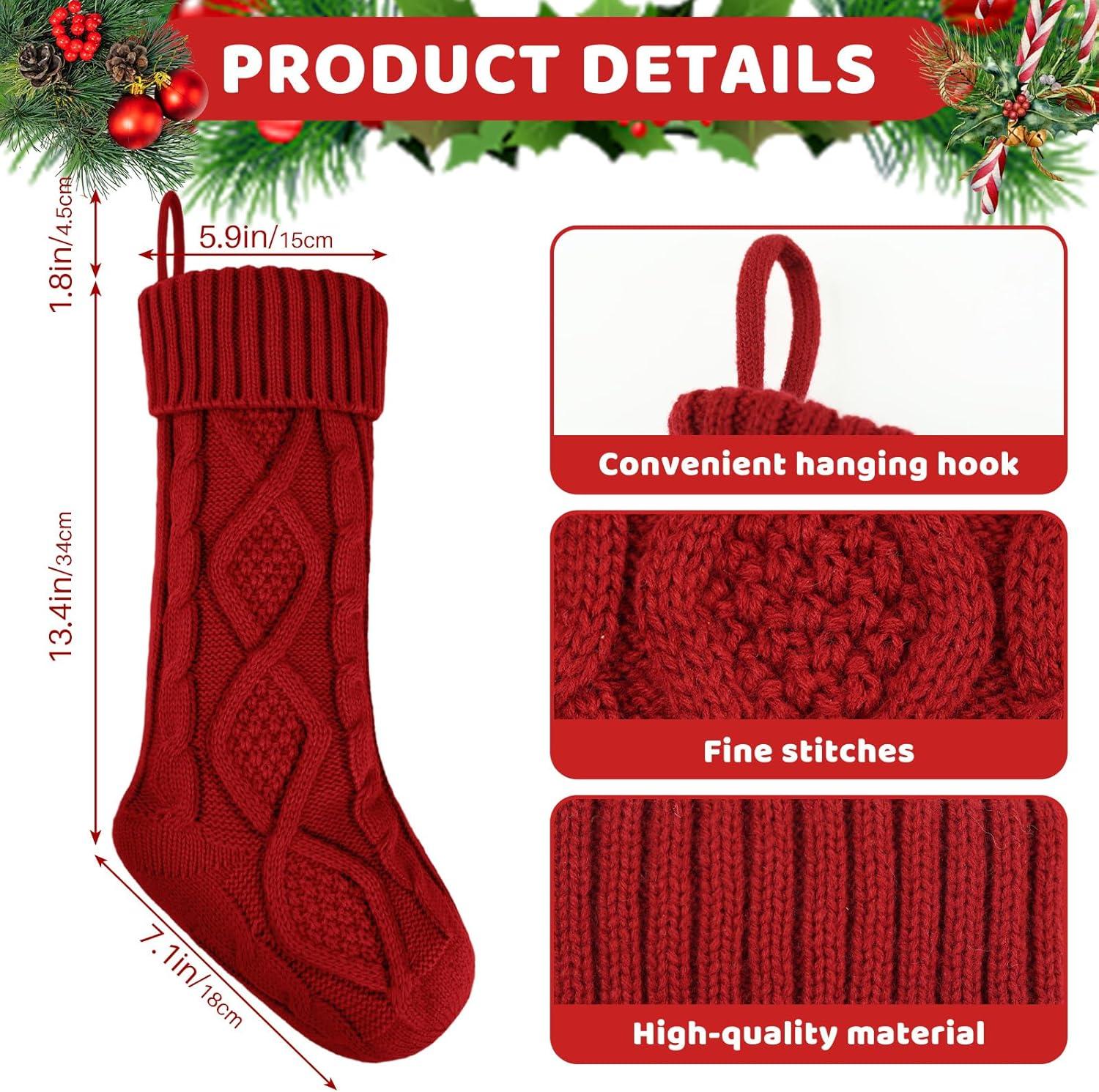 Large Red and Green Cable Knit Christmas Stockings, 4 Pack