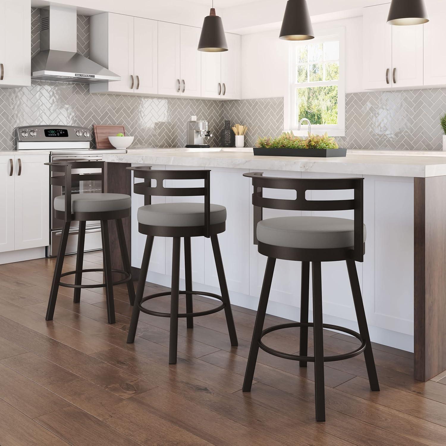 Amisco Render 26" Counter Height Barstool, Swivel Stool with Backrest and Metal Base for Kitchen Island or Bar - Taupe Grey Faux Leather/Dark Brown Metal/Counter Height