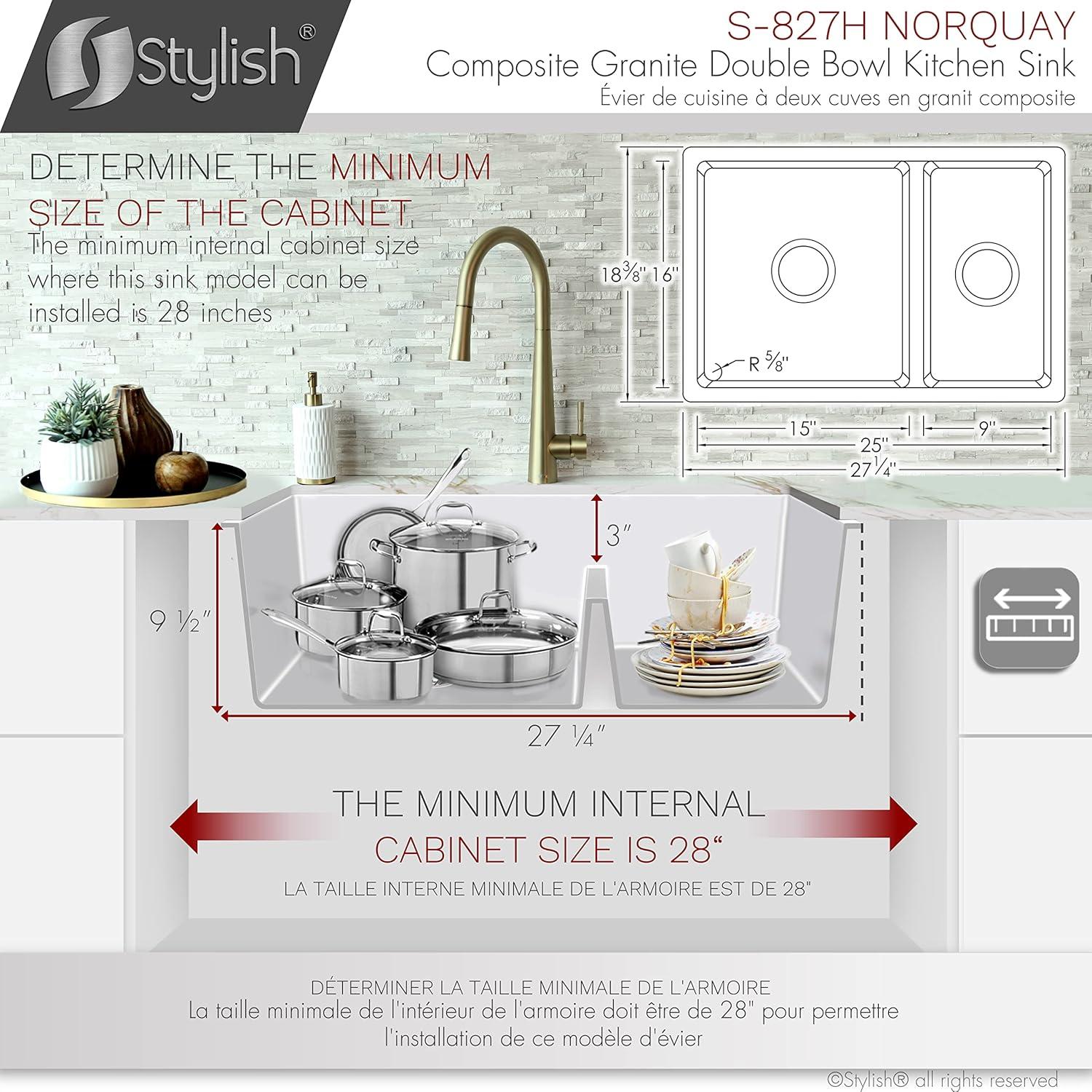 Pietra STYLISH 27 inch Double Bowl 60/40 Dual Mount Composite Granite Kitchen Sink