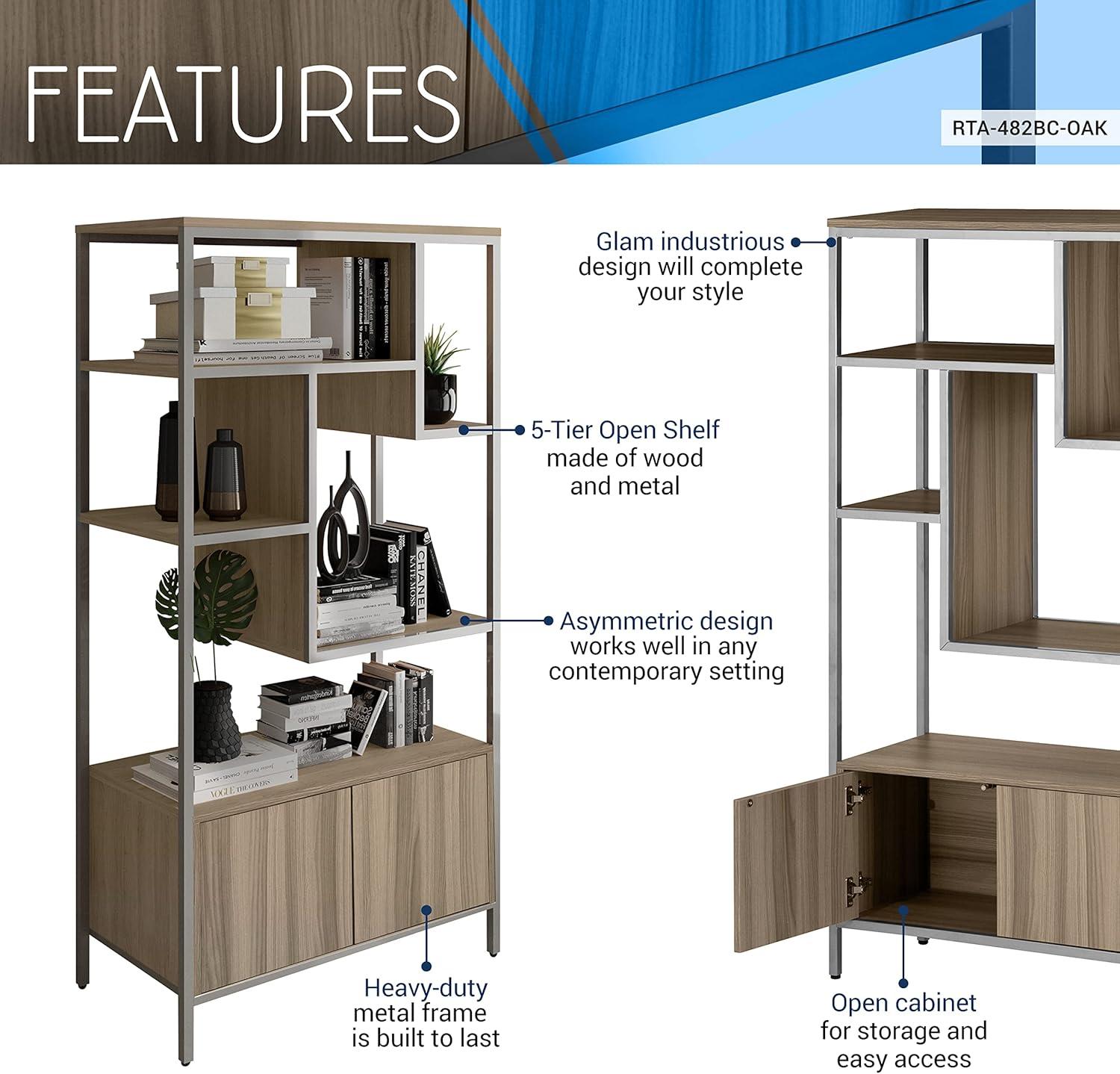 Oak and Silver Adjustable Bookcase with Doors