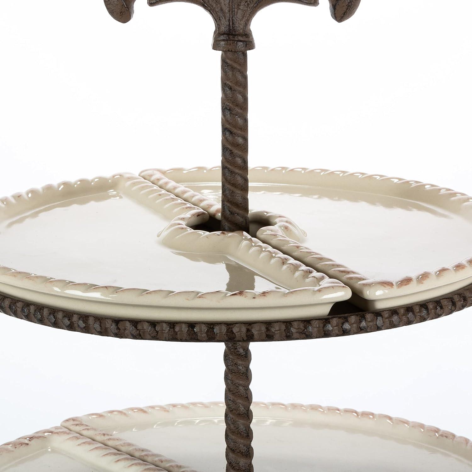 Dark Brown Ceramic 3-Tiered Round Server with Metal Base