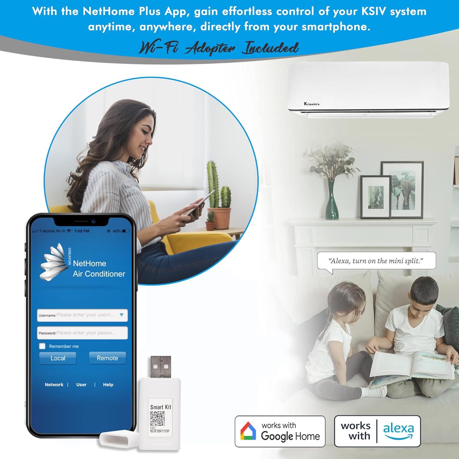 Klimaire 36,000 BTU 17.5 SEER2 Wi-Fi-Enabled Ductless Mini-Split Heat Pump Air Conditioner with Installation Kit, Up to 2,400 Sq. Ft