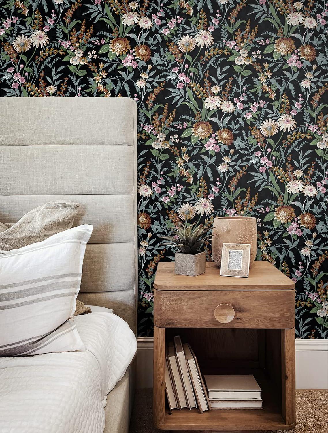 NextWall  Vintage Floral Peel and Stick Wallpaper 20.5 in. W x 18 ft. L - Onyx