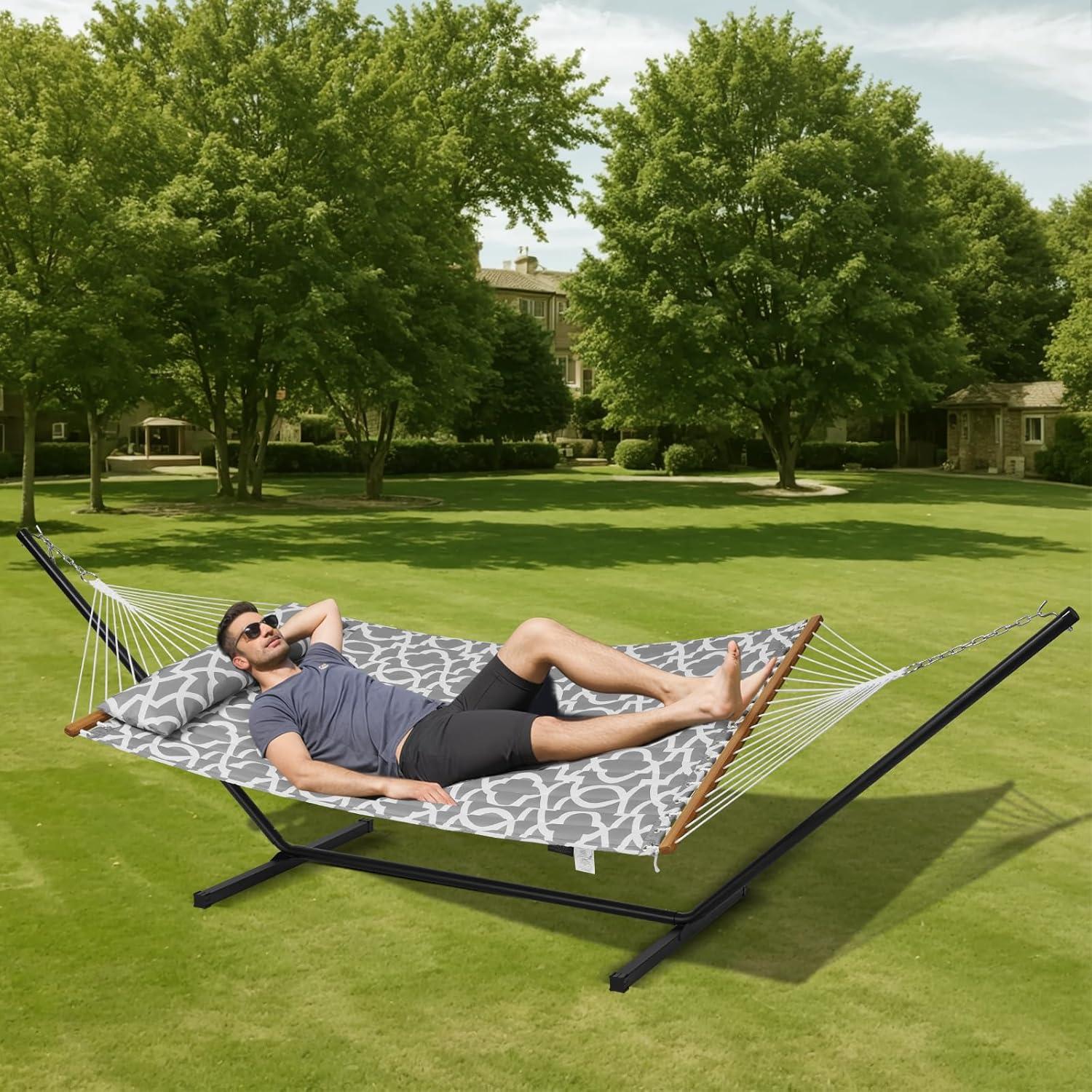 2 Person 12.3 ft Hammock with Stand Included Double Hammock with Curved Spreader Bar and Detachable Pillow