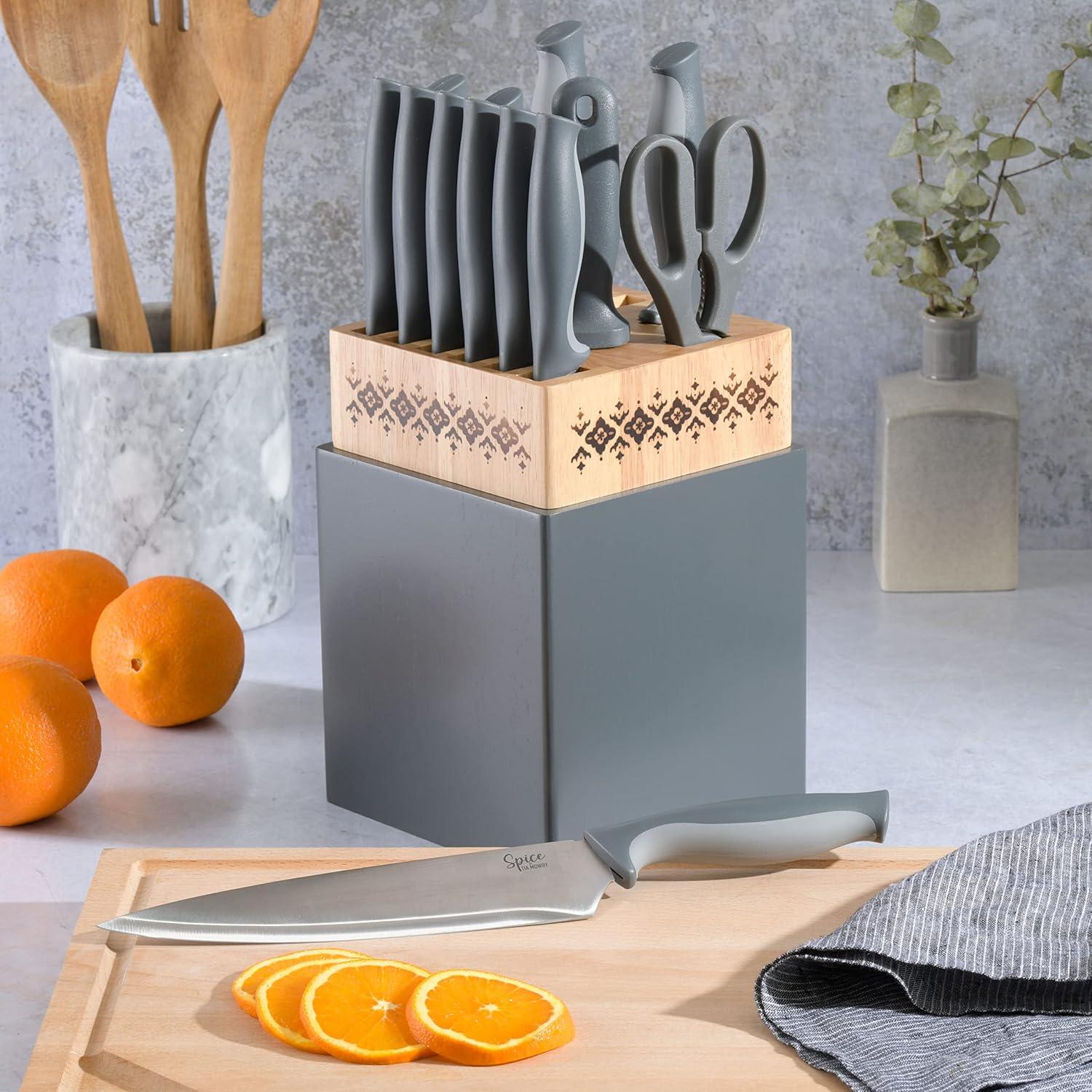 Gray 14-Piece High-Carbon Stainless Steel Cutlery Set with Rubberwood Block