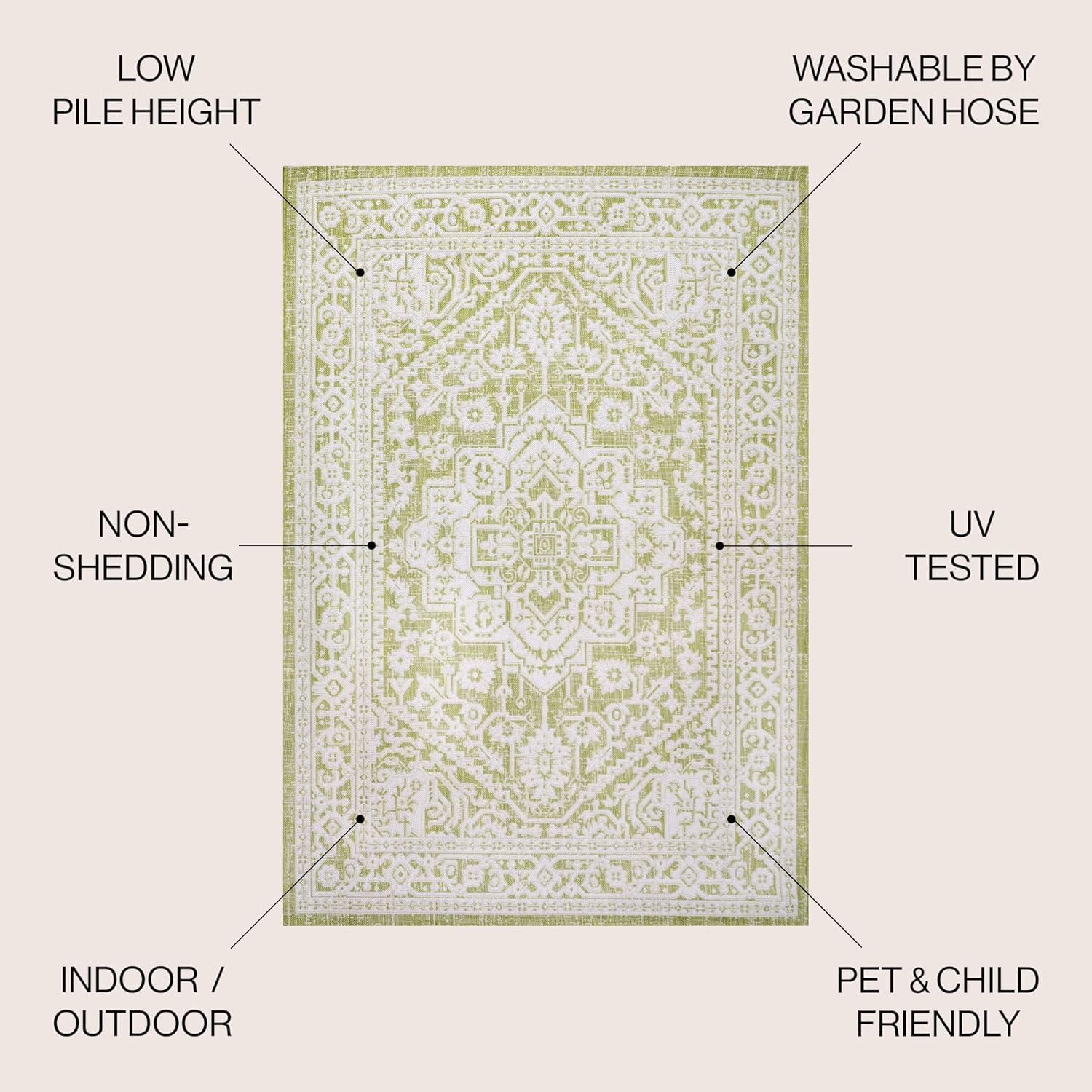 4' x 6' Sinjuri Medallion Textured Weave Indoor/Outdoor Area Rug, Green/Cream - JONATHAN Y