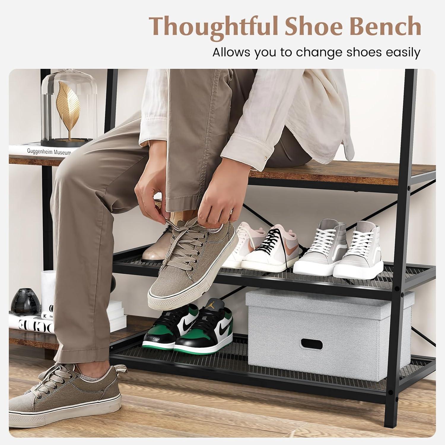 Costway 1 PC 5-In-1 Entryway Coat Rack Storage Shoe Bench Freestanding Wooden Hall Tree