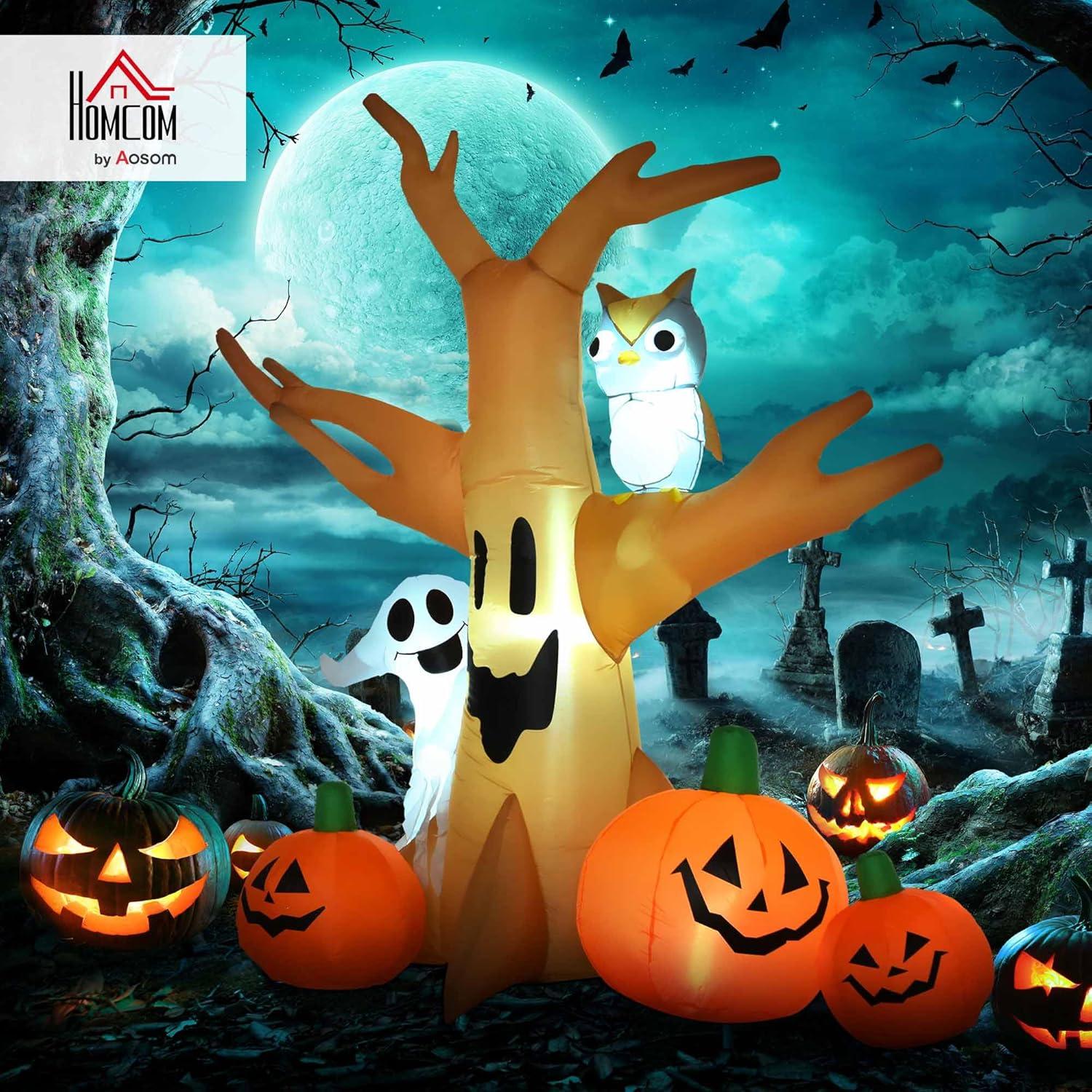 HOMCOM 7.5' Tall Lighted Inflatable Cute Halloween Decoration, Haunted Tree With Owl, Ghost, Pumpkins, Blow Up Outdoor LED Yard Display, Waterproof