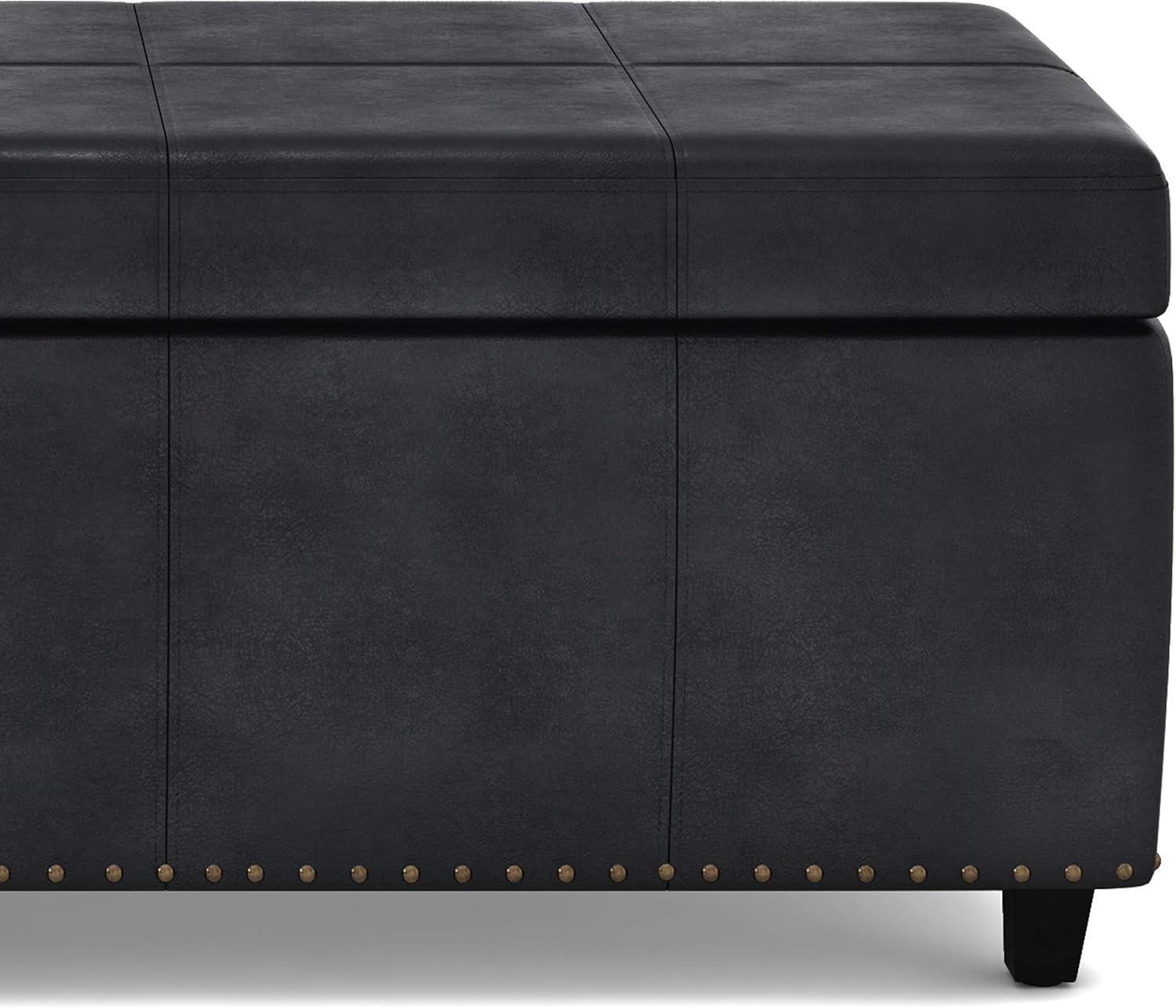 Simpli Home Kingsley Large Storage Ottoman In Distressed Black Vegan Faux Leather