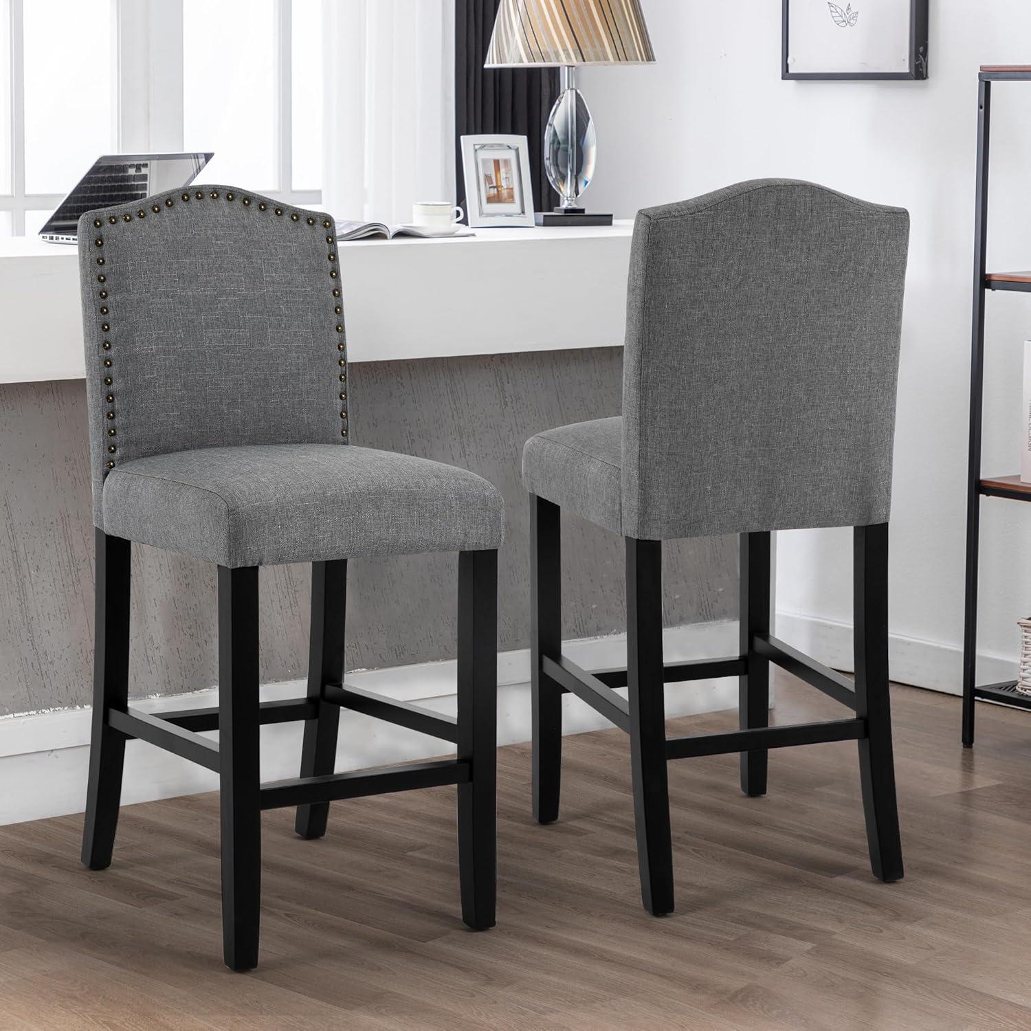 Set of 4 Gray Upholstered Counter Stools with Wood Legs