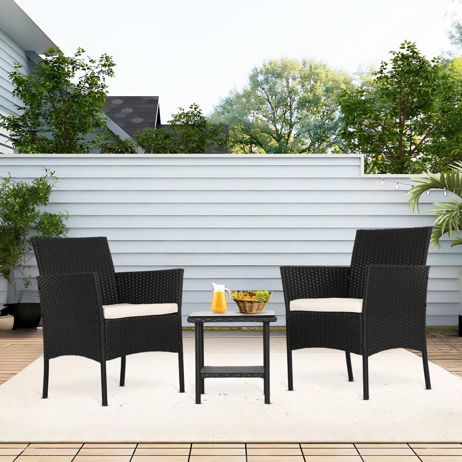 Black and Beige Wicker Rattan Patio Bistro Set with Cushions