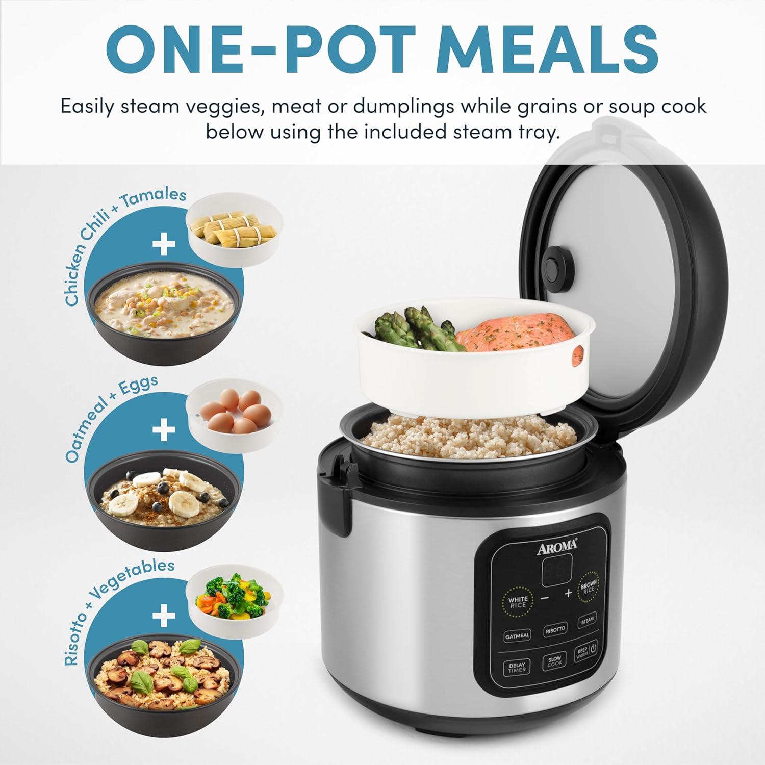 Aroma Aroma 4-Cup (Uncooked) / 8-Cup (Cooked), 2Qt. Digital Rice & Grain Multicooker, Slow Cooker, Automatic Keep Warm Mode, Steam Tray Included, Stainless Steel (ARC-994SB)