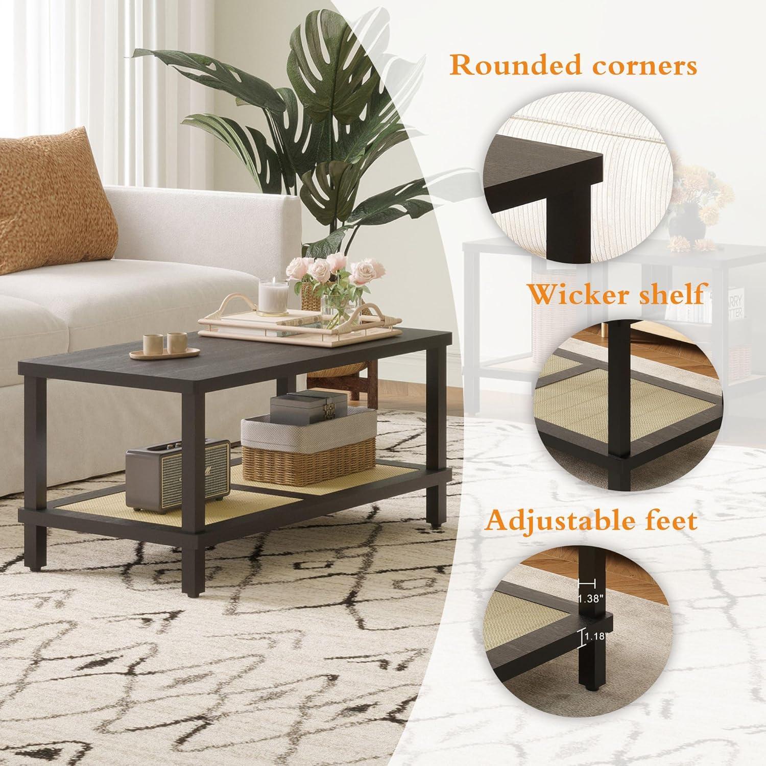 VASAGLE 2-Tier Coffee Table for Living Room, Living Room Table Rectangular Center Table, with PVC Rattan Storage Shelf, Rounded Corners, Easy Assembly, Boho Style, Ash Black ULCT240B21