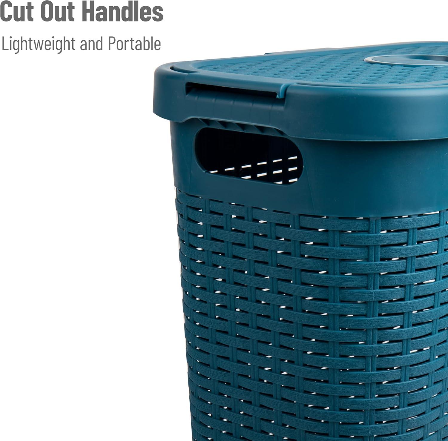 Mind Reader 40L Slim Laundry Hamper, Clothes Basket, Lid, Wicker Design, Plastic, 18"L x 10.4"W x 23.5"H, Set of 2, Blue