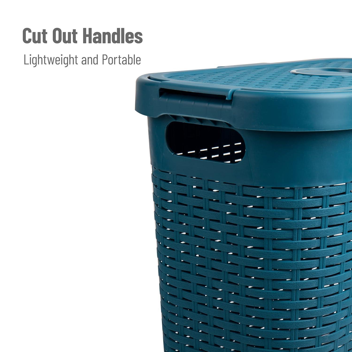 Mind Reader 40L Slim Laundry Hamper, Clothes Basket, Lid, Wicker Design, Plastic, 18"L x 10.4"W x 23.5"H, Set of 2, Blue