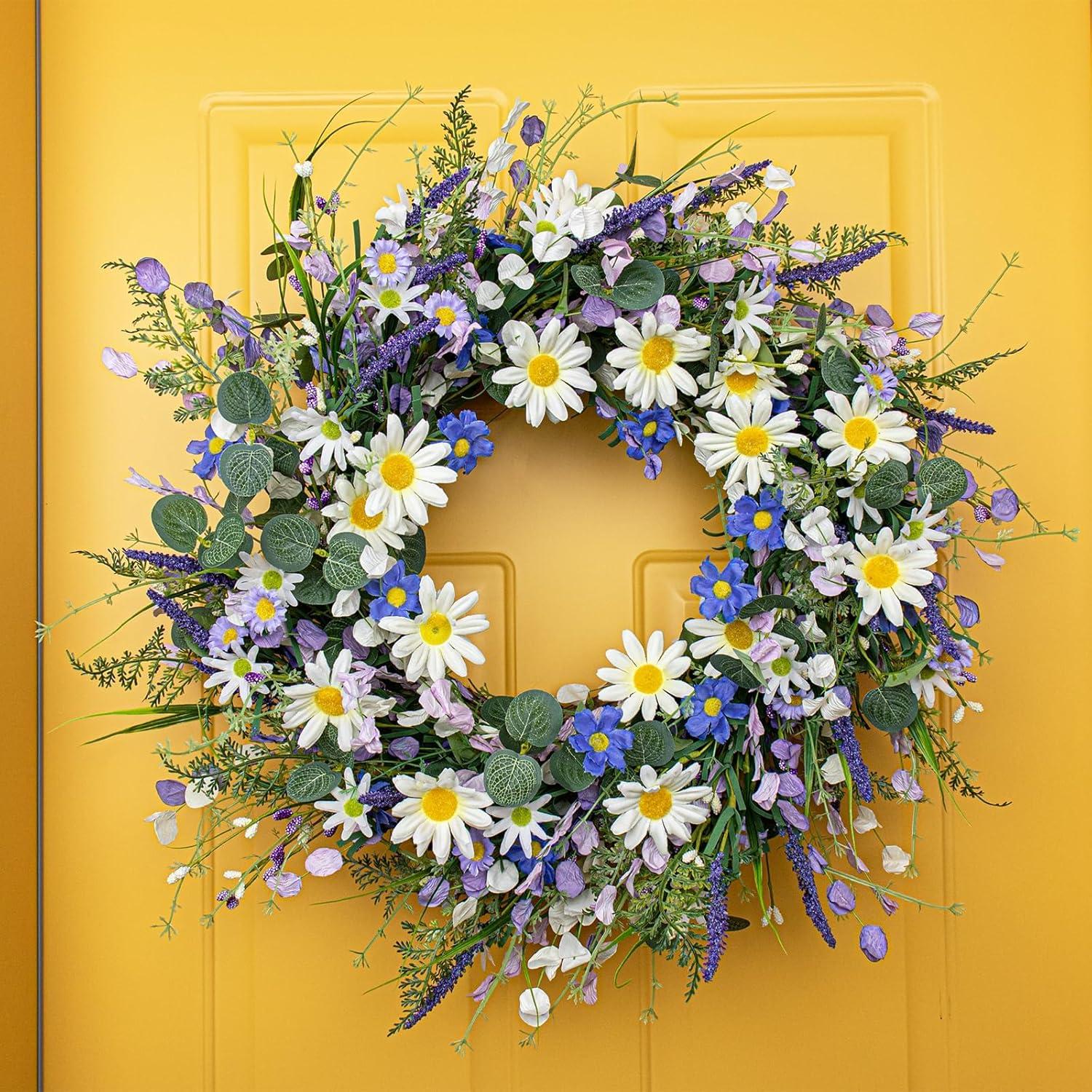 22 Inches Spring Wreaths for Front Door Blue Spring Door Wreath Summer Floral Wreath with Wildflower Lanvender for Wall Porch Indoors Outdoor Window Home Decorations