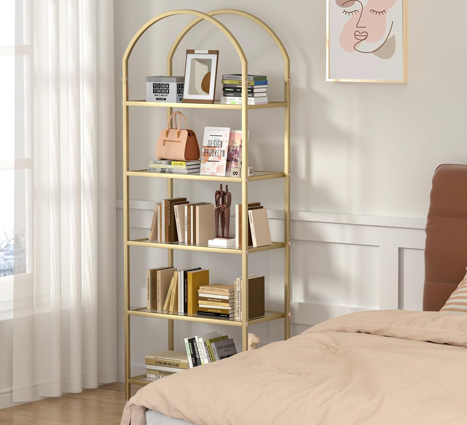 5 Tier Gold Bookshelf, Modern Storage Organizer Shelf, Metal Bookcase Stand for Office, Bedroom Kitchen Living Room
