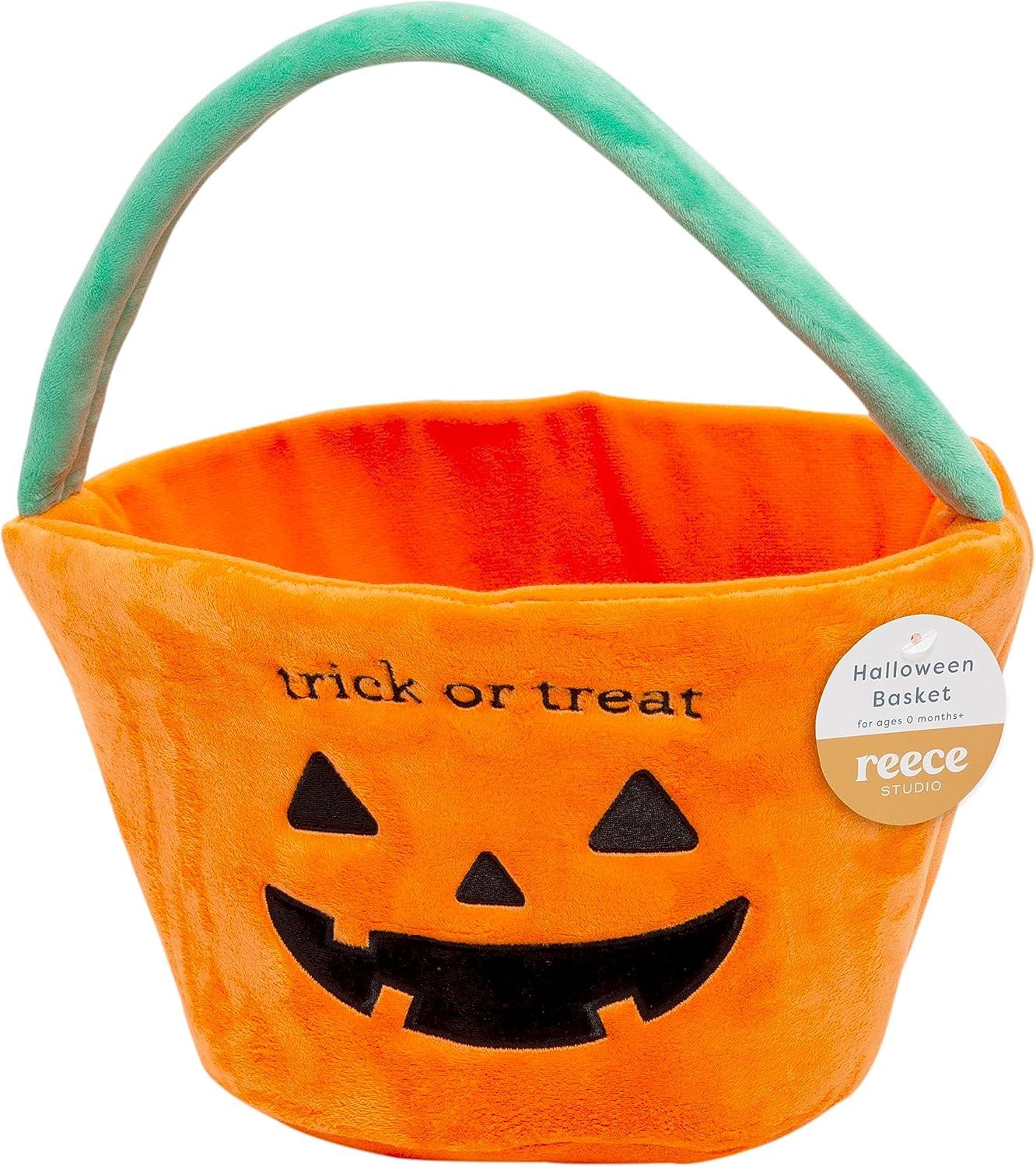 Reece Studio 'Trick or Treat' Halloween Basket, Plush Pumpkin Trick Or Treat Candy Bag, Fall Pumpkin Tote for Baby Girl or Baby Boy, Toddler Holiday Keepsake Gift