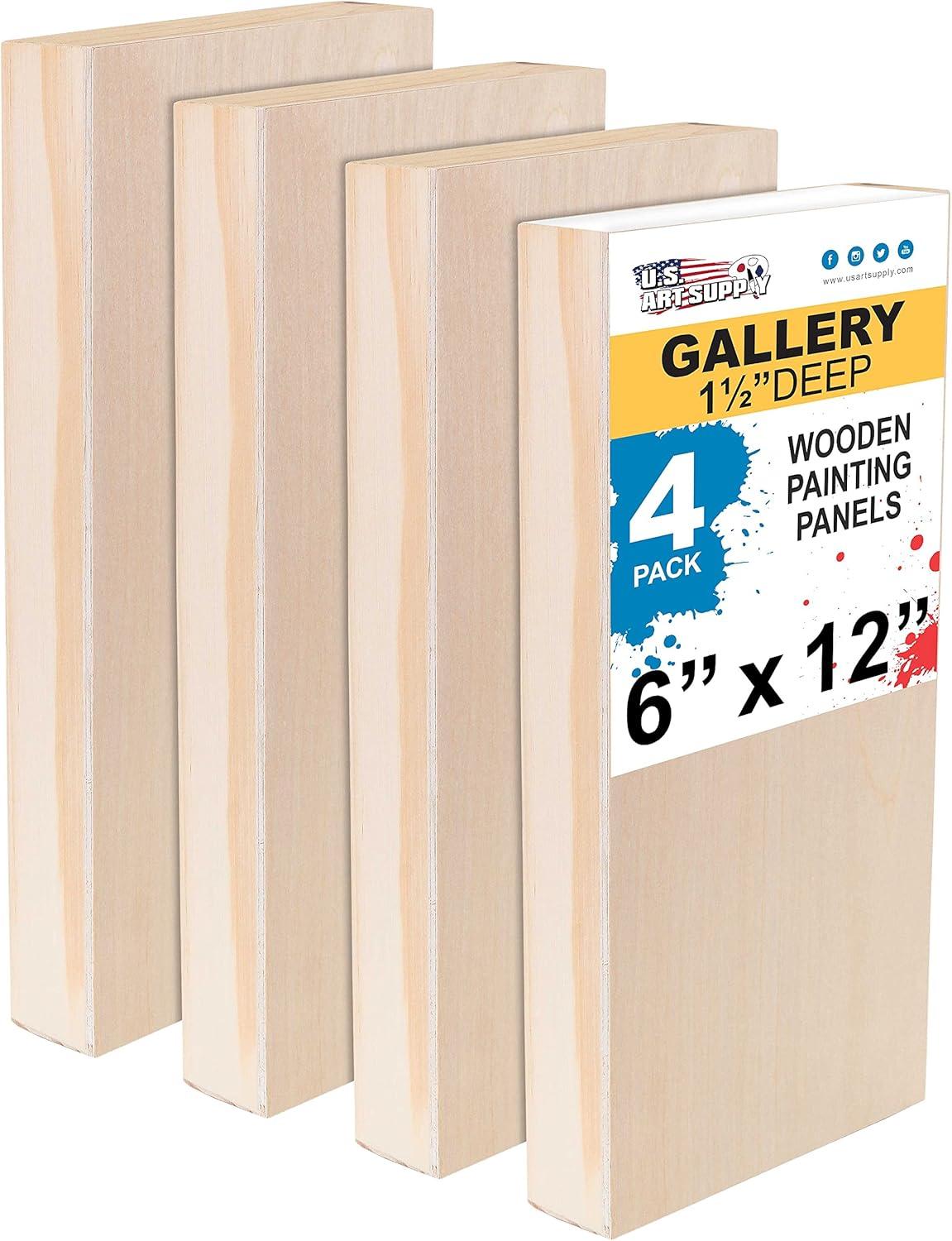 U.S. Art Supply 6" x 12" Unfinished Cradled Wood Panels for Painting, Gallery 1-1/2" Deep (4 Pack) - Artist Depth Wooden Wall Canvases - Mixed-Media Craft, Acrylic, Oil, Encaustic, Paint Pouring